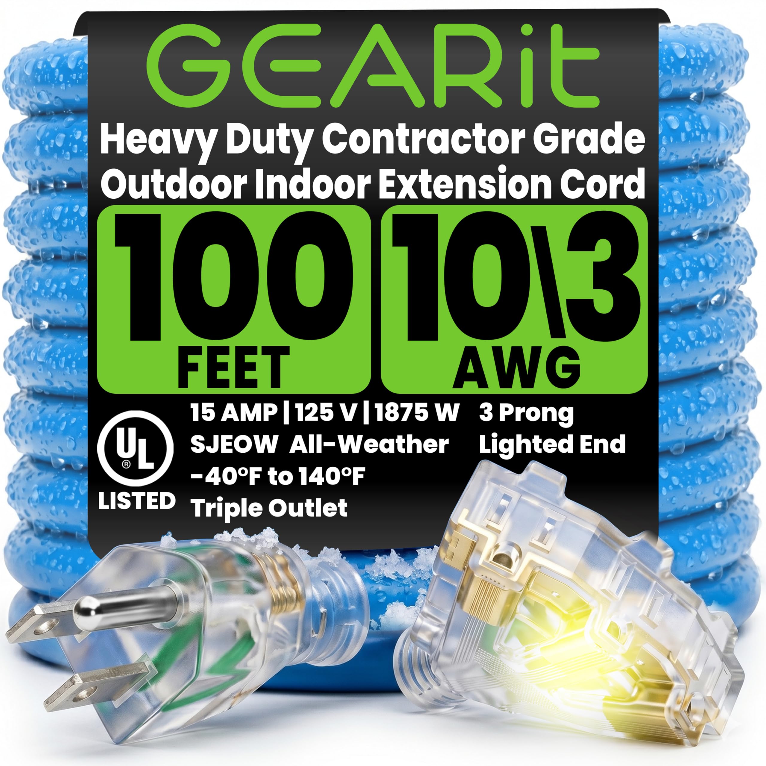 GEARit 100 ft Outdoor Extension Cord 10/3 Gauge SJEOW 10 AWG, Hea - GEARit Official Product View 1