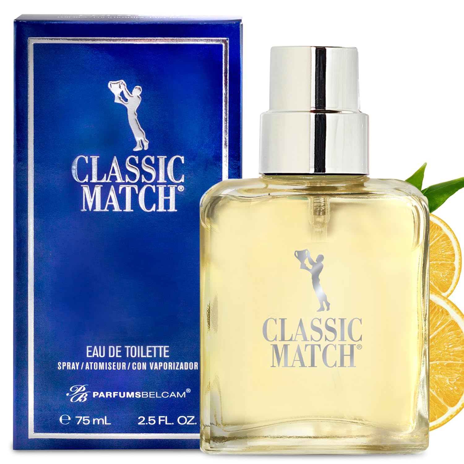 PB ParfumsBelcam Blue Classic Match Eau de Toilette spray for men, featuring sleek blue bottle and fresh aromatic design.