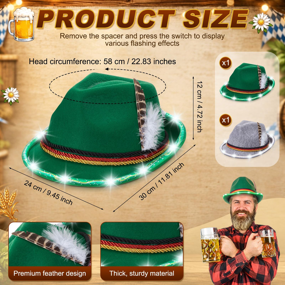 2 Pack LED Oktoberfest Hats German Bavarian Hat for Adult - Hercicy Official Imagery - 3