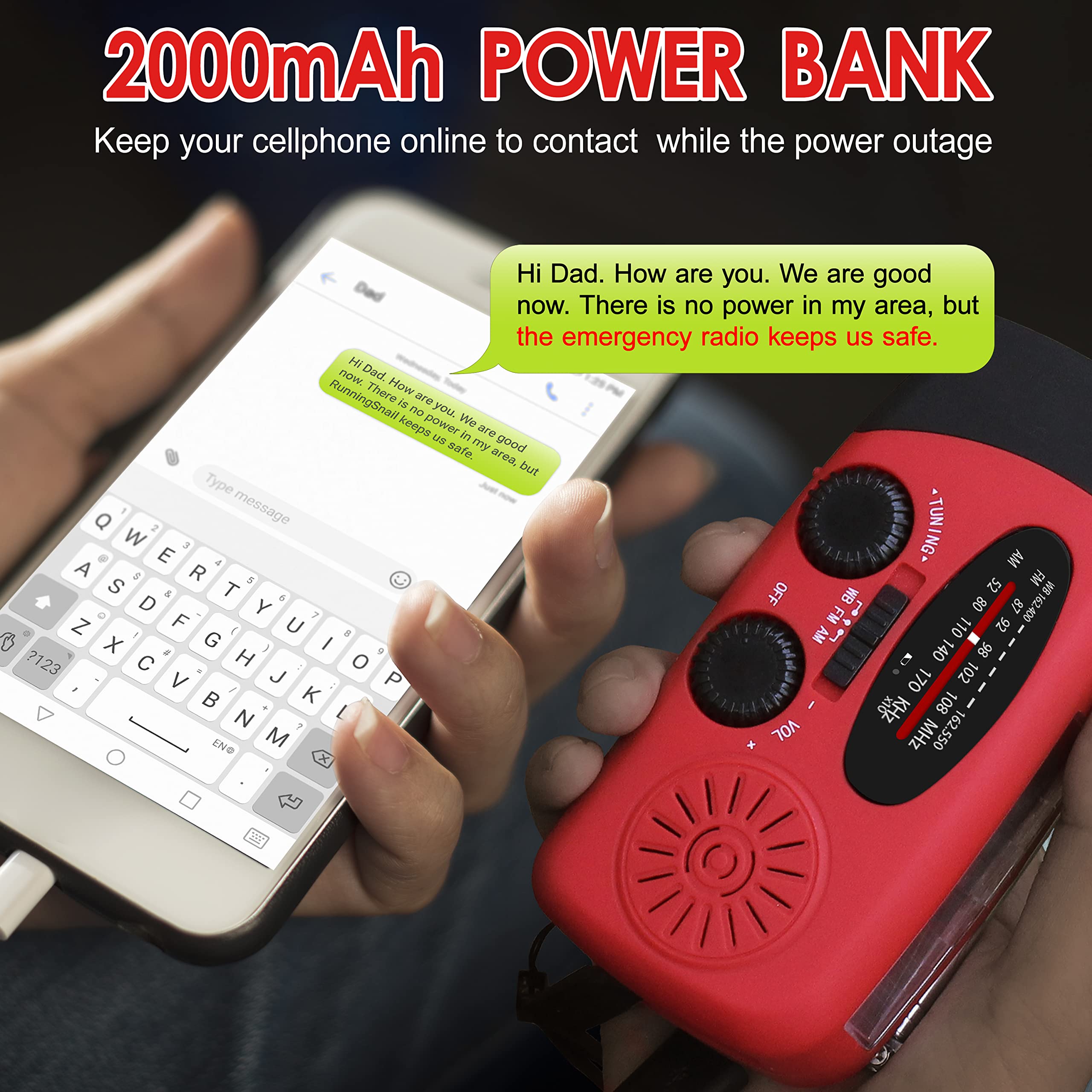 RunningSnail Hand Crank Radio with LED Flashlight,2000mAh NOAA AM by RunningSnail - Angle View 3