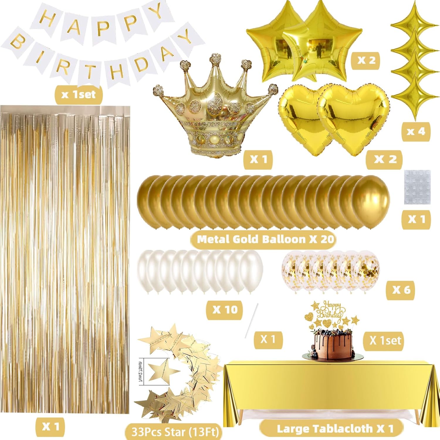Gold birthday decorations set including happy birthday banner, star garland, and crown foil balloon for celebration.