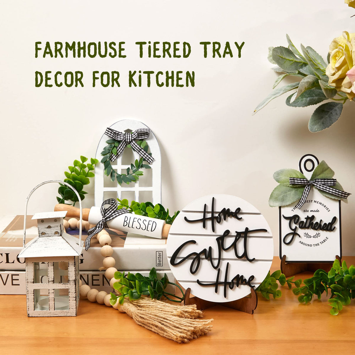 Set of 16 Farmhouse Tiered Tray Decor with 1 Lantern - Houmury Official Imagery - 6
