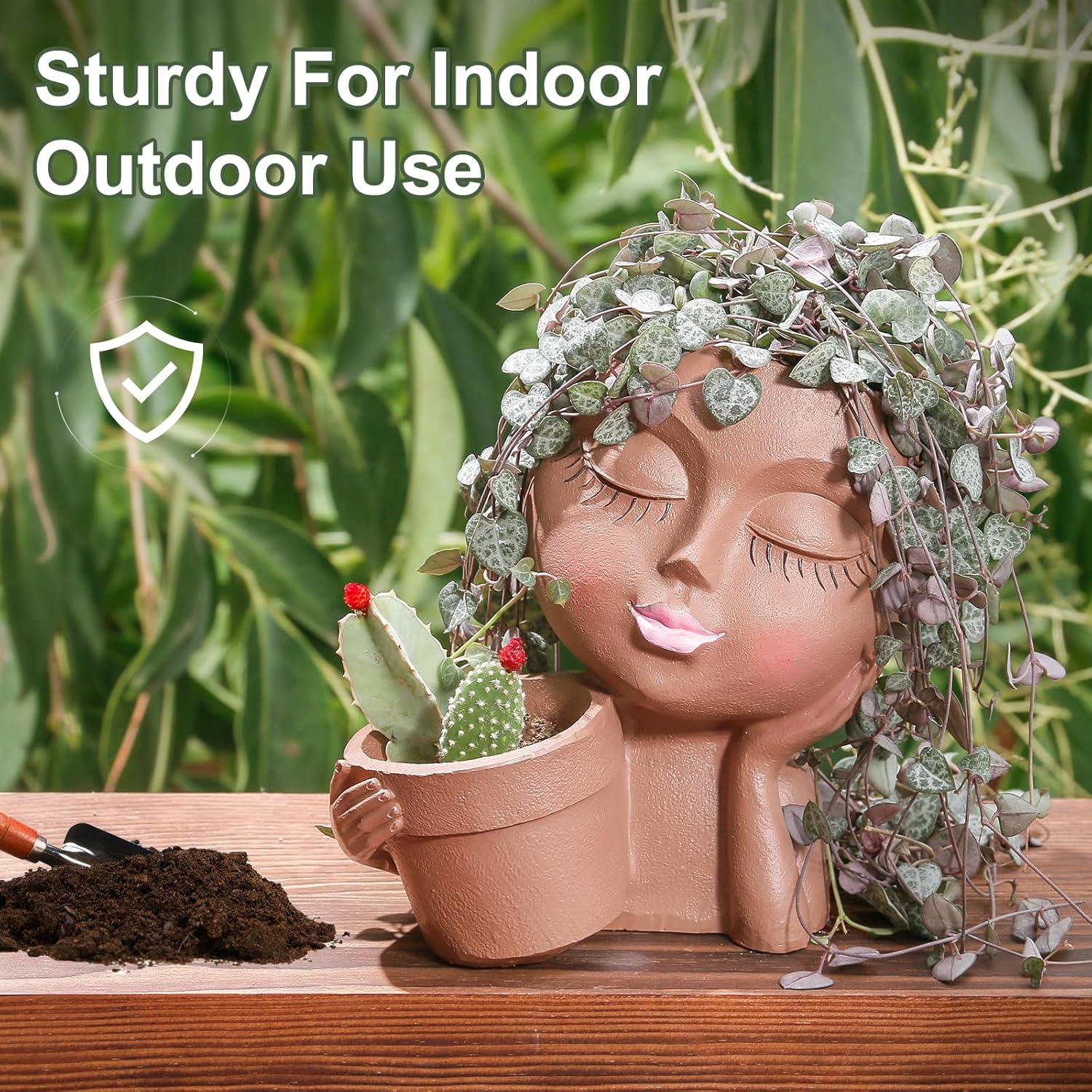 Black vomiceak face planter pot featuring a double head design, ideal for indoor or outdoor plants, resembles a lady with facial features.