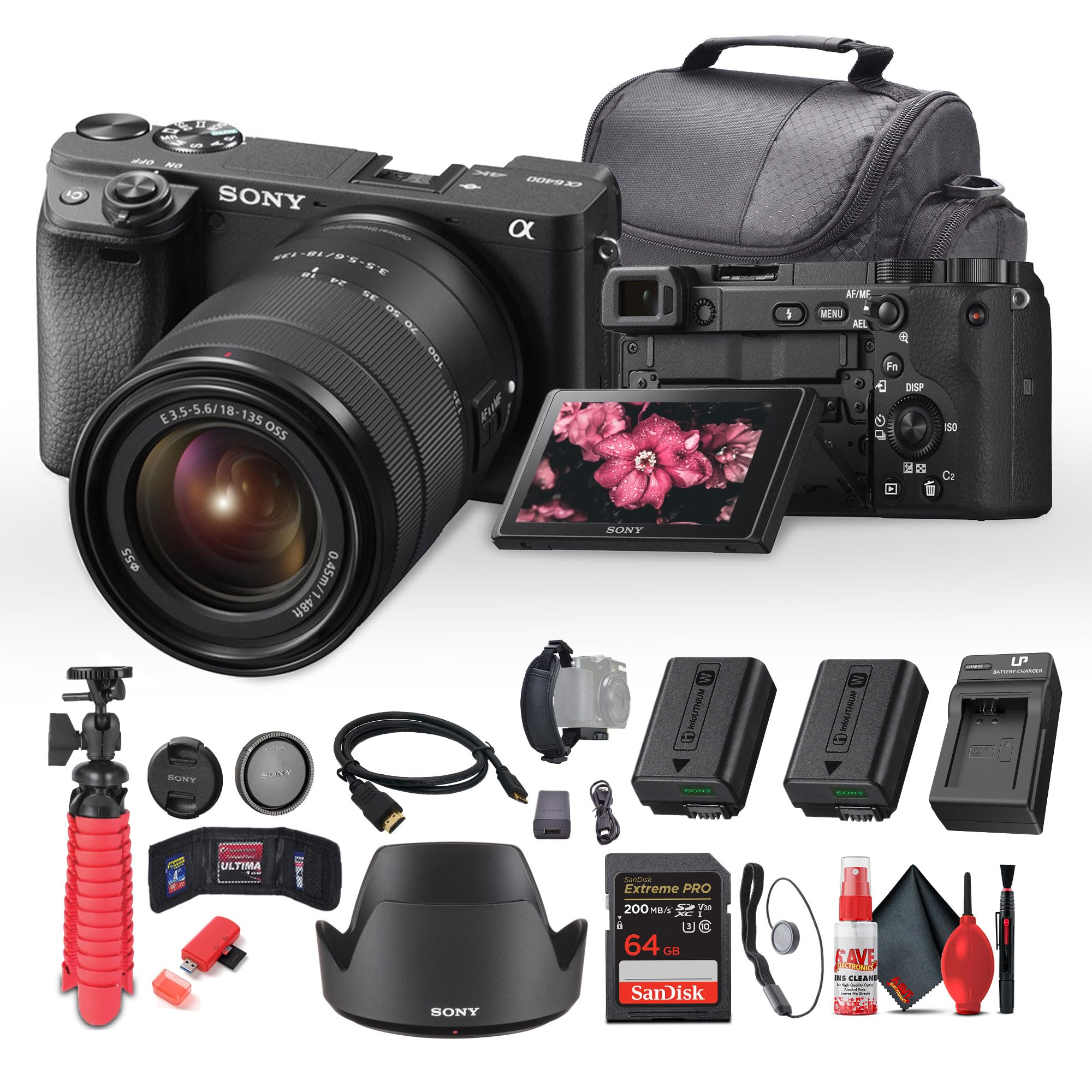 Sony a6400 Mirrorless Camera with 18-135mm Lens with Real-Time Eye Auto Focus, 4K Video (ILCE-6400M/B) + 64GB Memory Card + NP-FW50 Battery + Charger + Case + Flexible Tripod + More (Renewed)