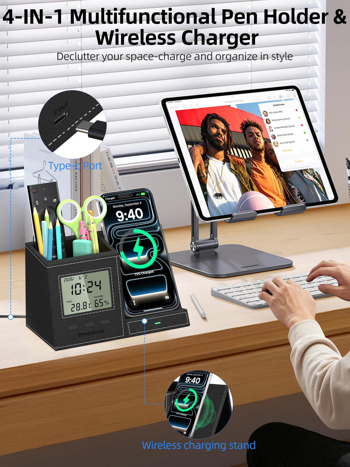 5 in 1 Pen Holder with Wireless Charger Desk Organizer - Investme Official Imagery - 4