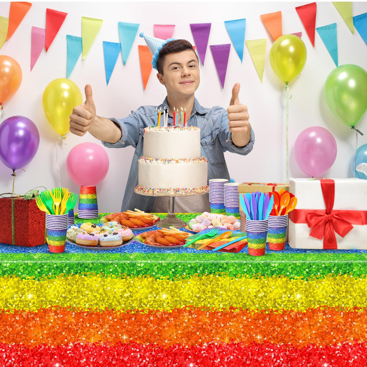 Zhehao 169 Pcs Rainbow Party Supplies Disposable Tablecloth - Zhehao Official Imagery - 7