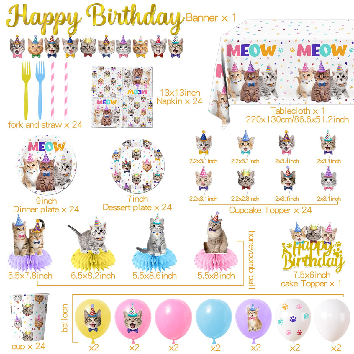 Cat Birthday Decorations 189pcs Cat Party Decorations cat - YGCTBVY Official Imagery - 7