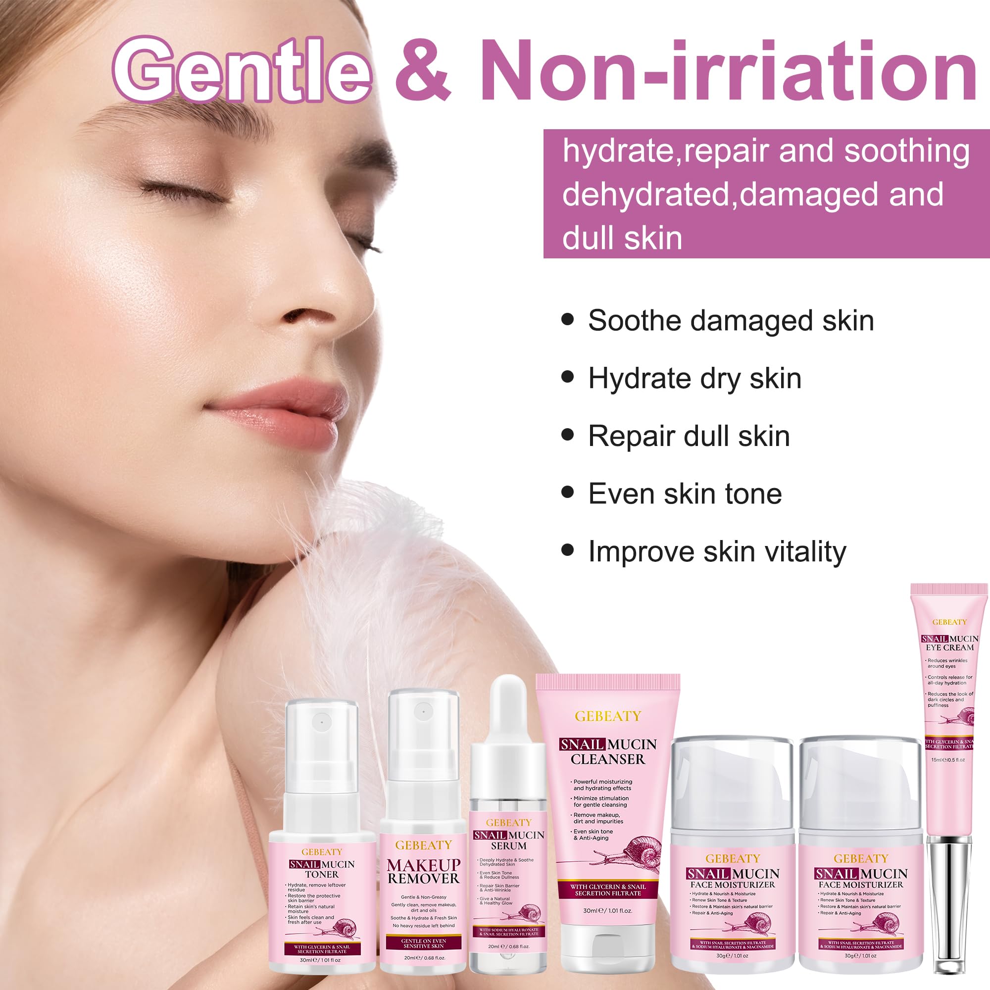 Skin Care Set, 7-Piece Hydrating &amp; Repairing Snail Mucin - GEBEATY