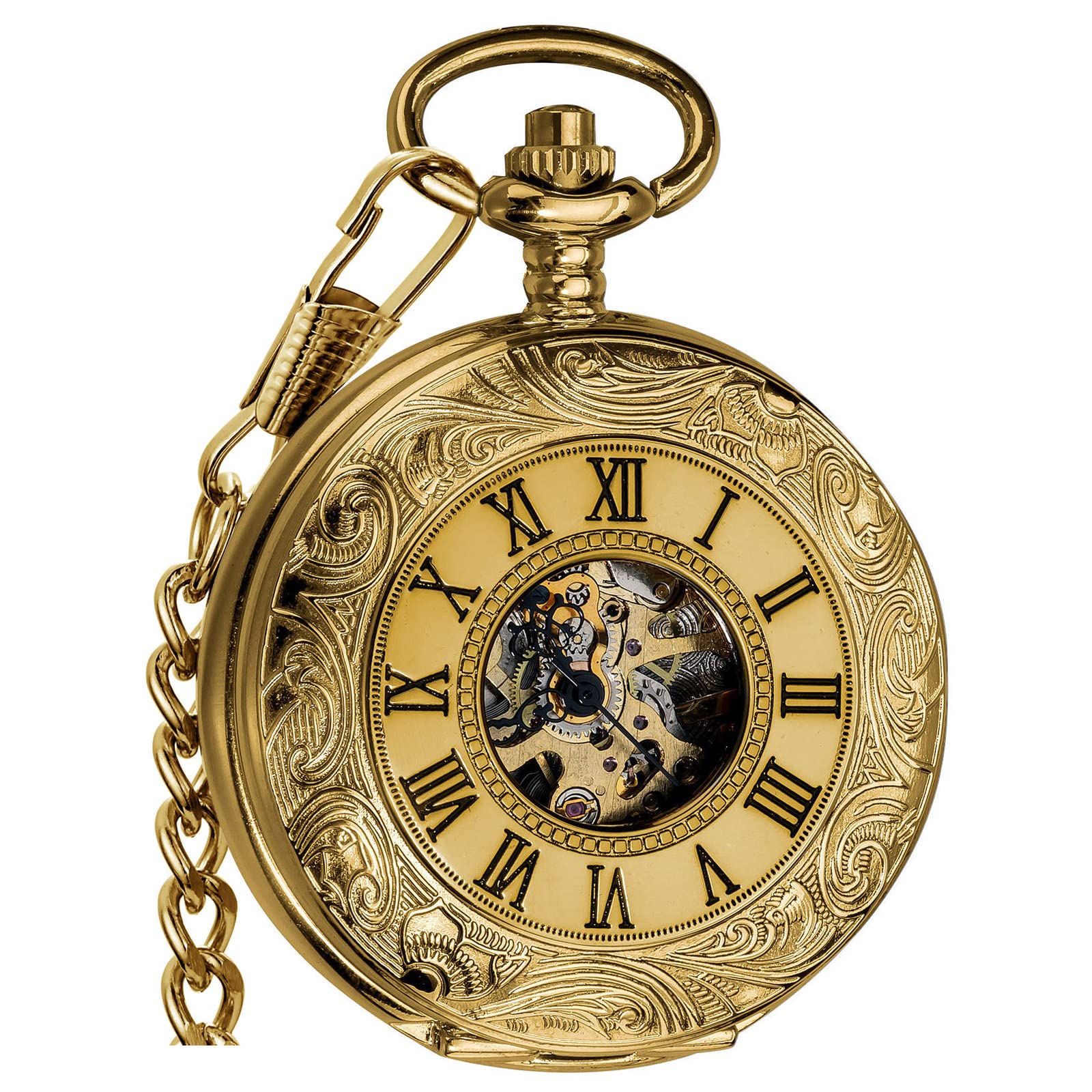 VIGOROSO Gold Mechanical Pocket Watch with Chain for Men