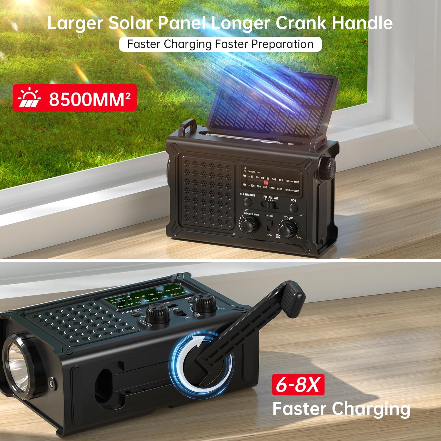 PPLEE NOAA emergency weather radio with solar and hand crank, portable AM/FM radio with 12000mAh battery for emergency use