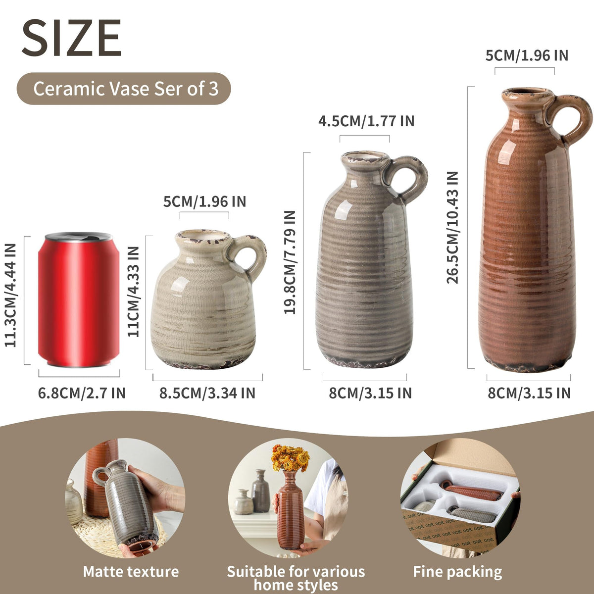 Ceramic Vases Set of 3 Neutral Rustic Farmhouse Vase with - ooit Official Imagery - 3