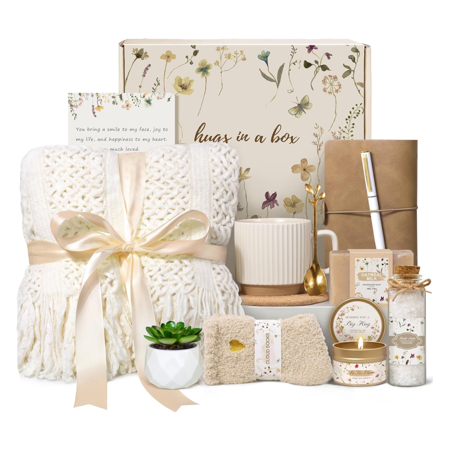 Lepiche ivory self-care gift box for women with birthday and get well soon messages, includes wellness essentials and comforting items