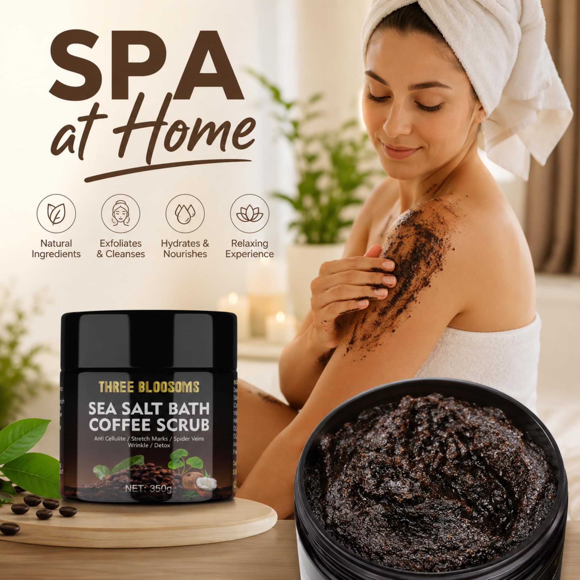 Three Bloosoms Coffee Scrub Body Exfoliator - 350g Anti Cellulite & Anti aging & Rem - Three Bloosoms Official Product View 3