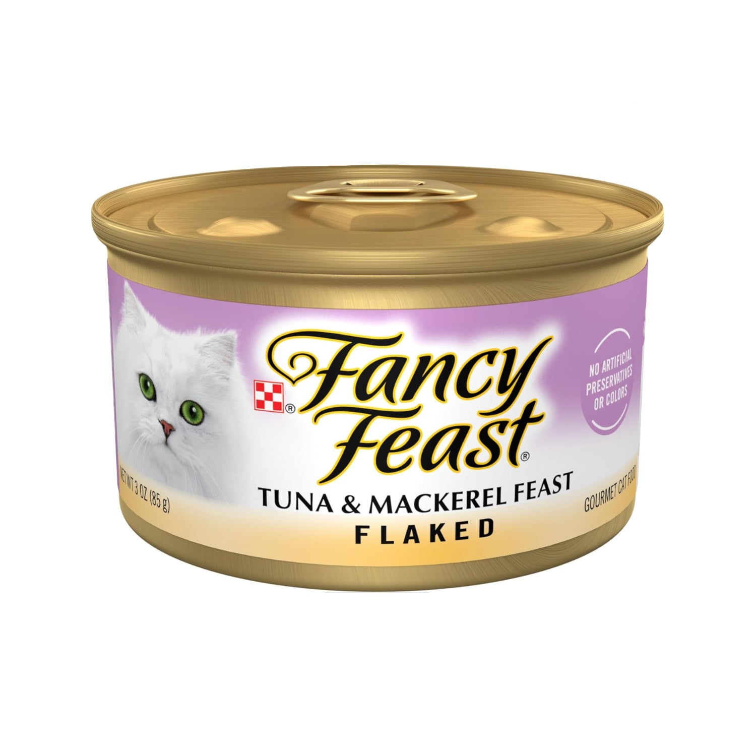 Fancy Feast wet cat food cans with flaked tuna and mackerel, 3 oz., pack of 24, in colorful packaging.