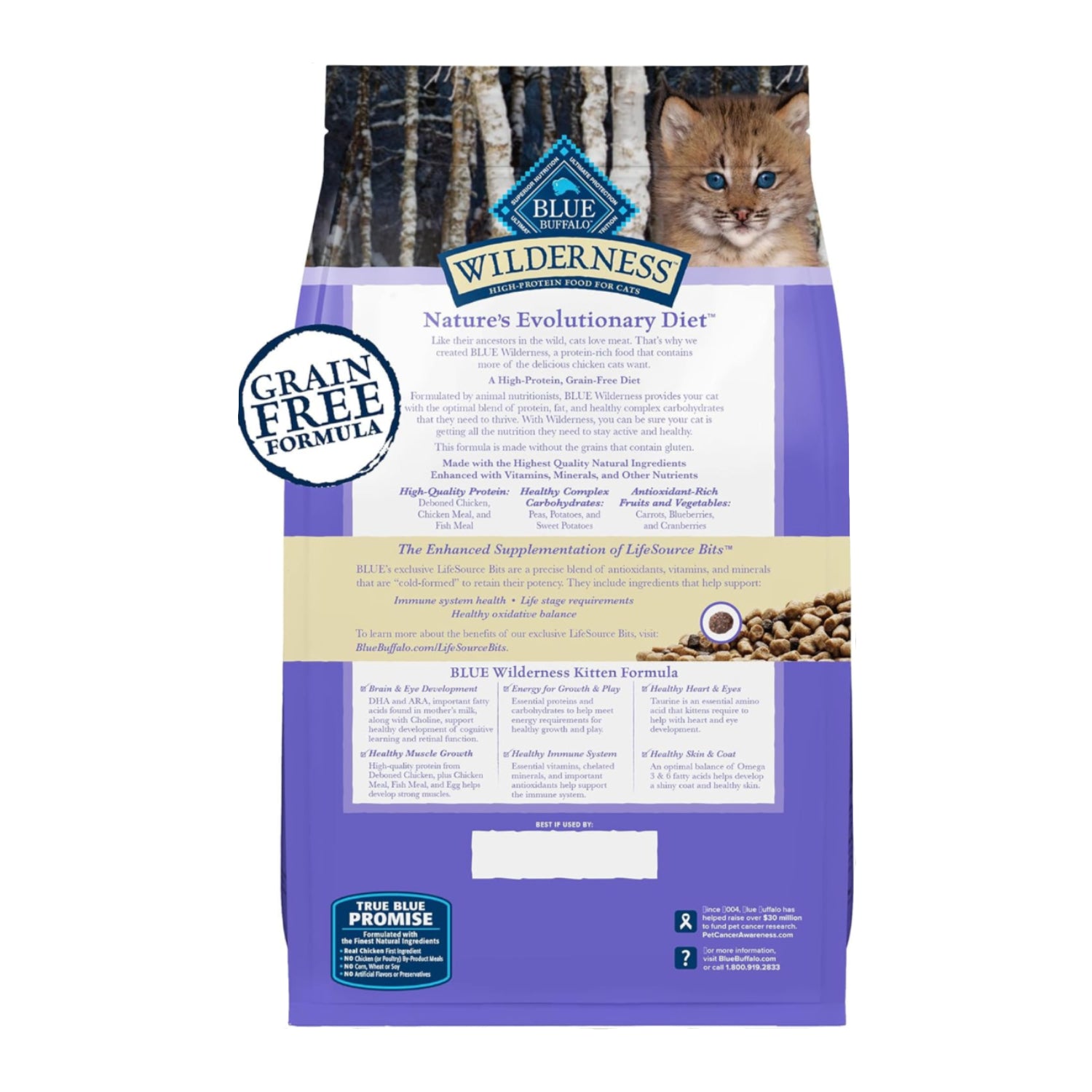 Blue Buffalo Wilderness natural kitten dry cat food bag showing 5-lb. size with DHA and ARA for brain and eye support