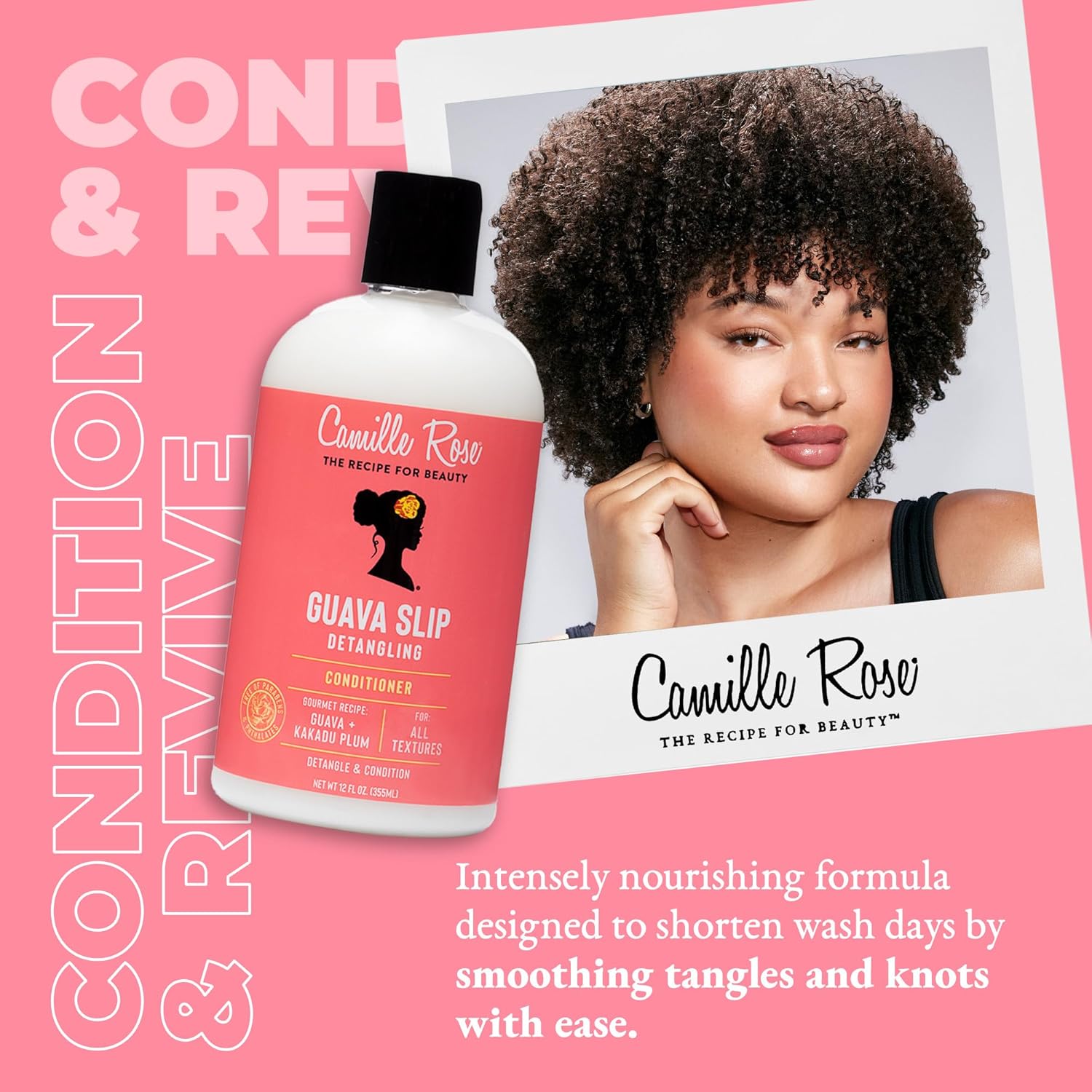 Camille Rose Guava Slip Detangling Conditioner bottle with guava and Kakadu plum, designed for smooth, manageable hair.