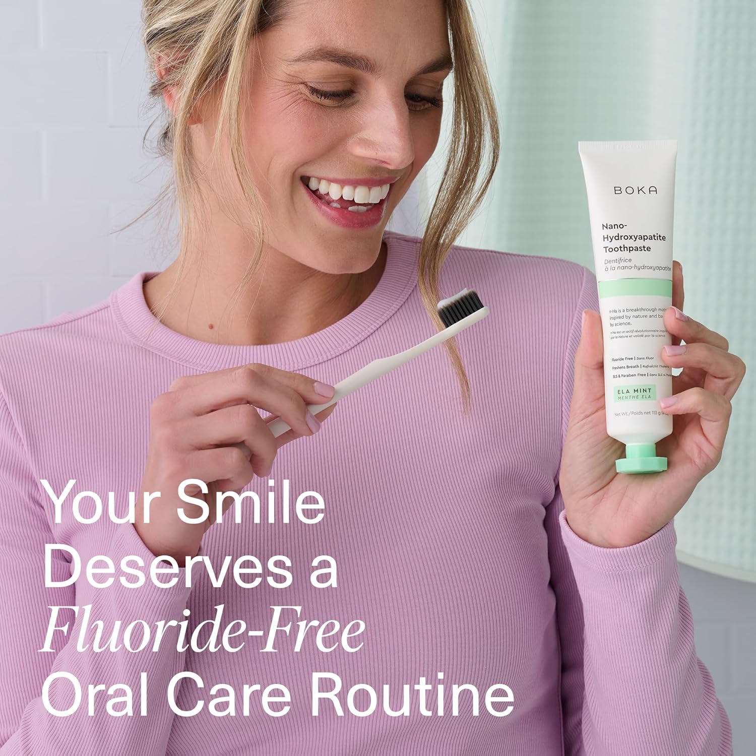 Boka fluoride-free toothpaste with nano hydroxyapatite for sensitive teeth, showing the toothpaste tube and packaging.