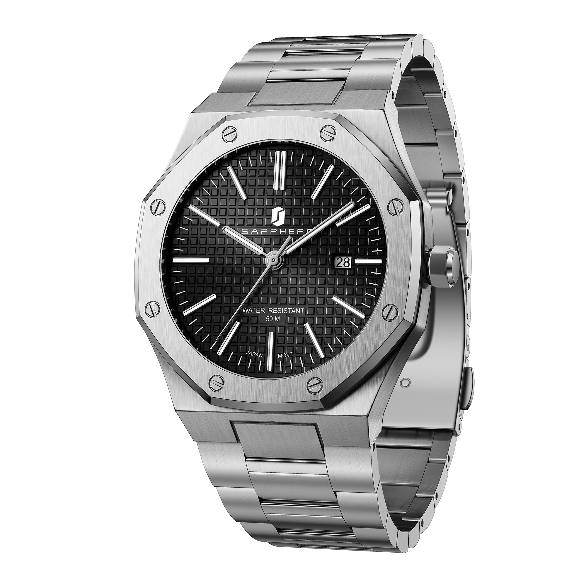 SAPPHERO Men's Watch Octagonal Stainless Steel 50M Waterproof - Product Imagery