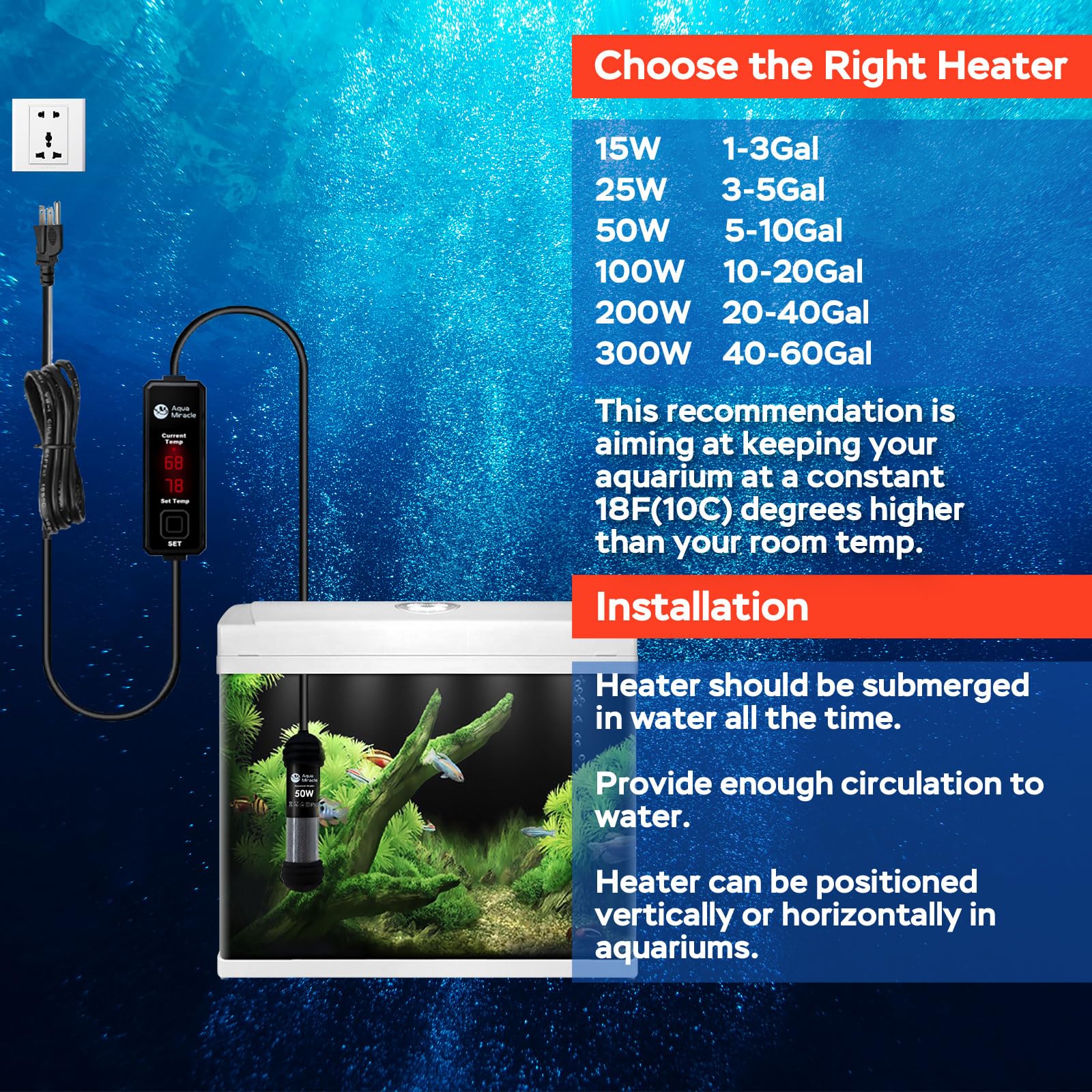 AquaMiracle 100W Small Aquarium Heater Fish Heater, Super Mini Fi - AquaMiracle Official Product View 7