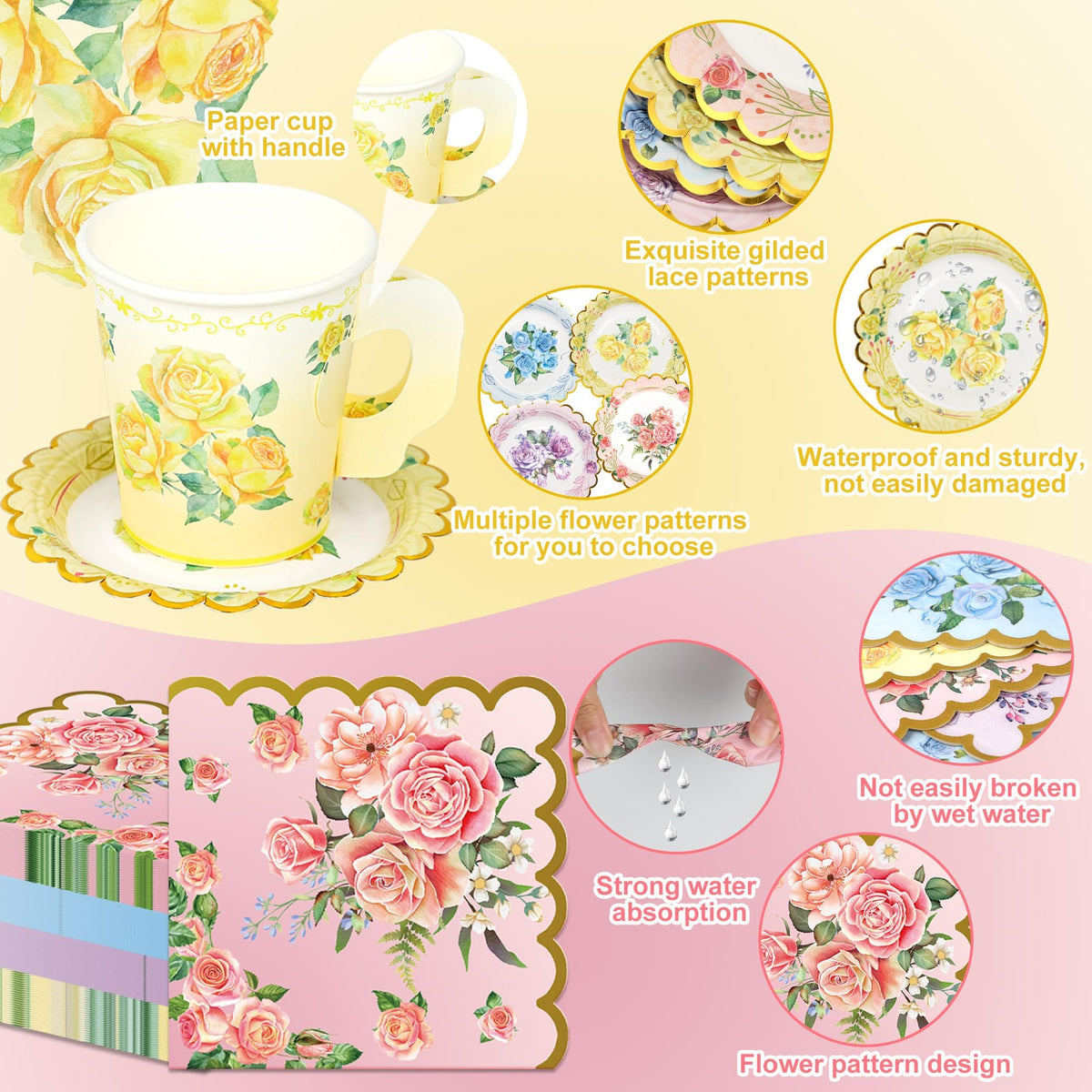40 Set Floral Tea Cups and Saucers Disposable Tea Party - Fairooth Official Imagery - 4