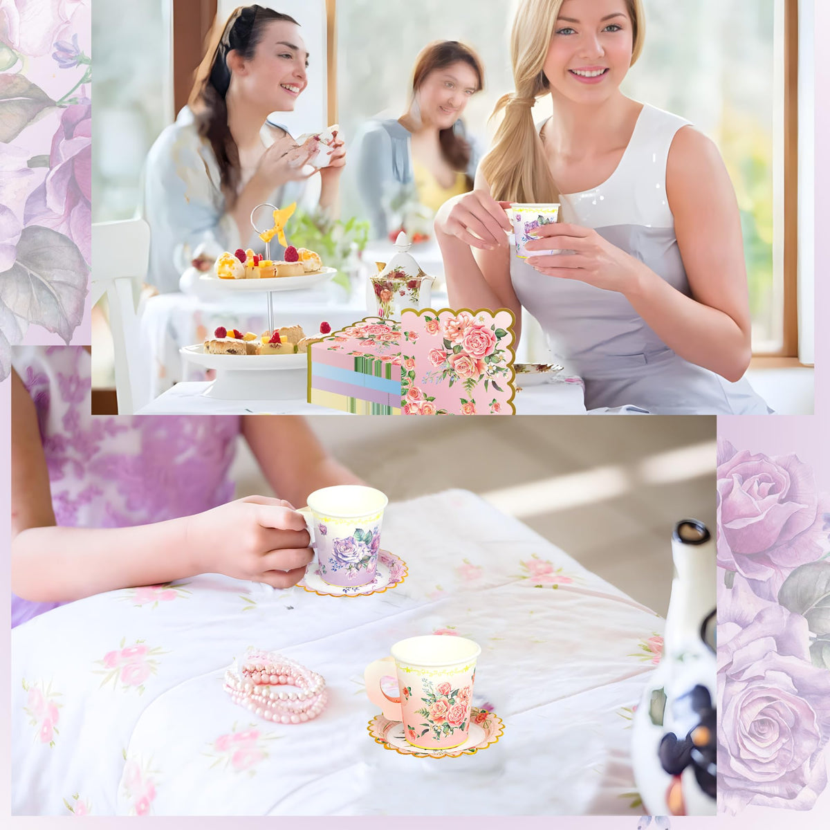 40 Set Floral Tea Cups and Saucers Disposable Tea Party - Fairooth Official Imagery - 7