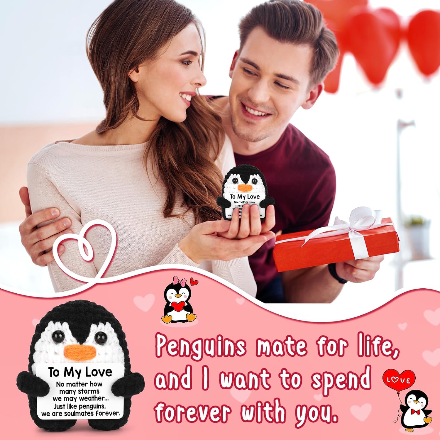 Handmade crochet mini penguin gift for him or her, featuring a cute, detailed design by CryCarrot, perfect for expressing love.
