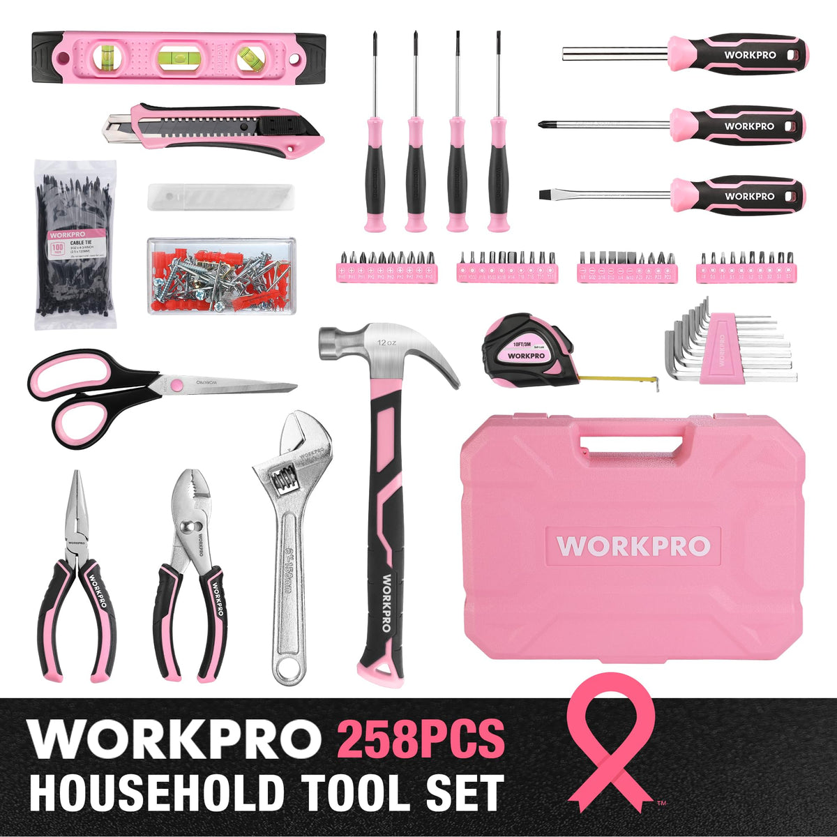 WORKPRO 258PCS Pink Tool Set Portable Home Basic Tool Kit - WORKPRO Official Imagery - 3