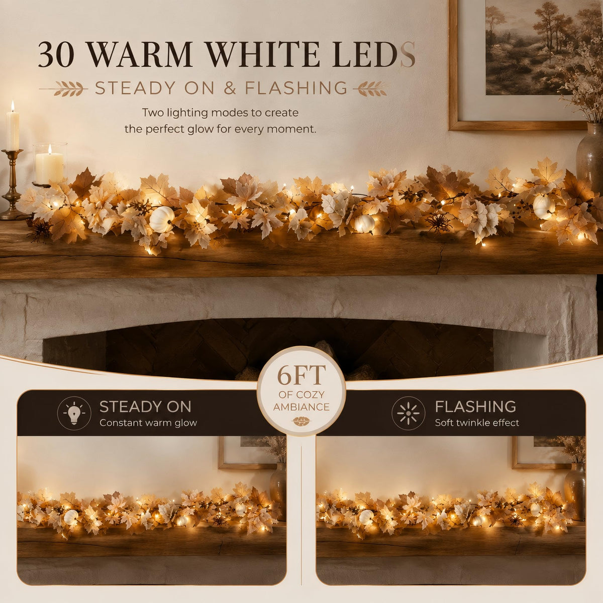 Fall Garland with Lights 6Ft Thanksgiving Decorations for - BUFANYU Official Imagery - 8