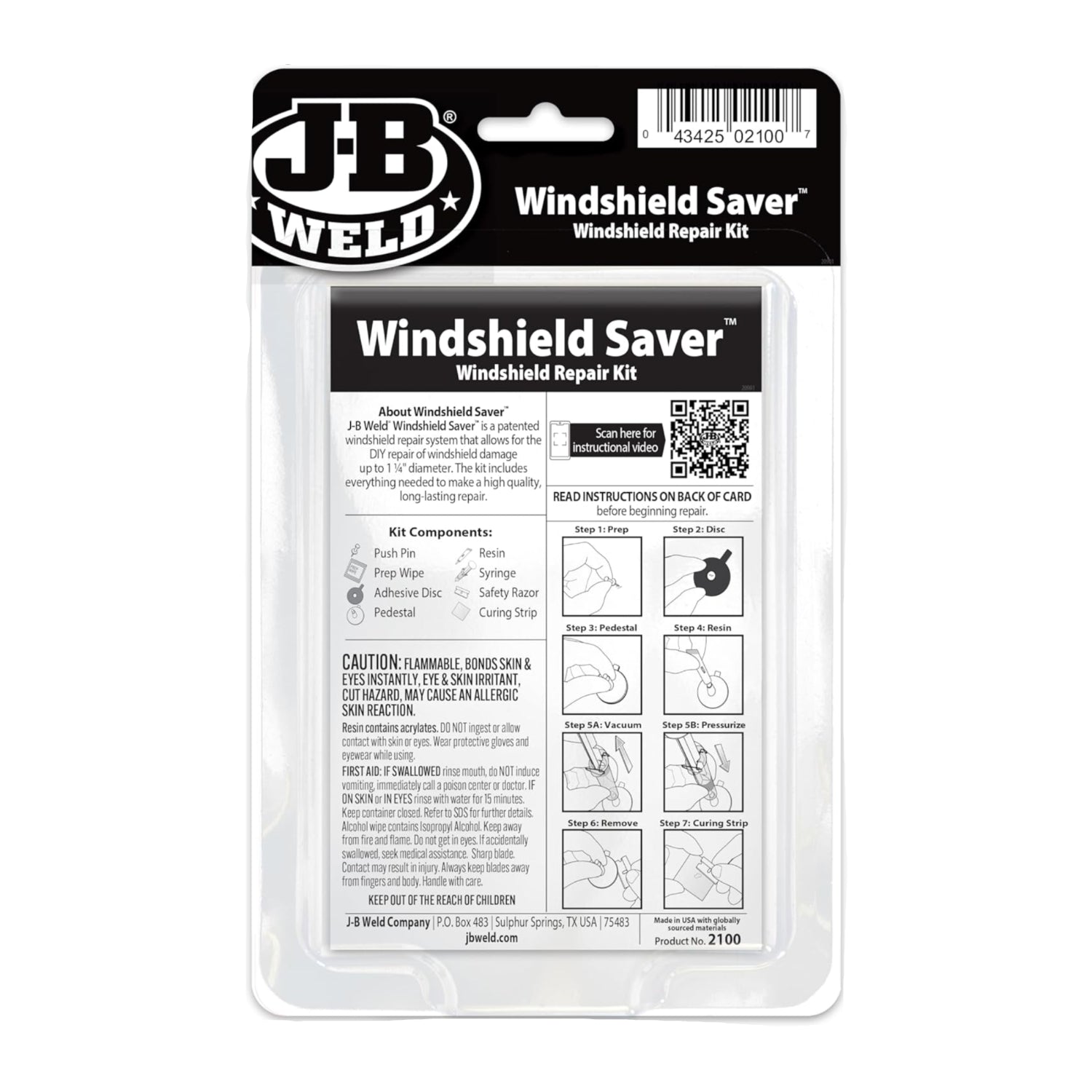 J-B Weld Windshield Saver Repair Kit with clear adhesive in 0.025 fl oz bottle for crack and chip repairs