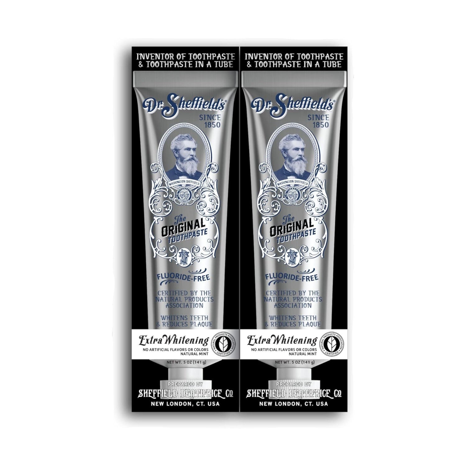 Dr. Sheffield's Certified Natural Extra-Whitening Toothpaste tube with white and green packaging on a white background.