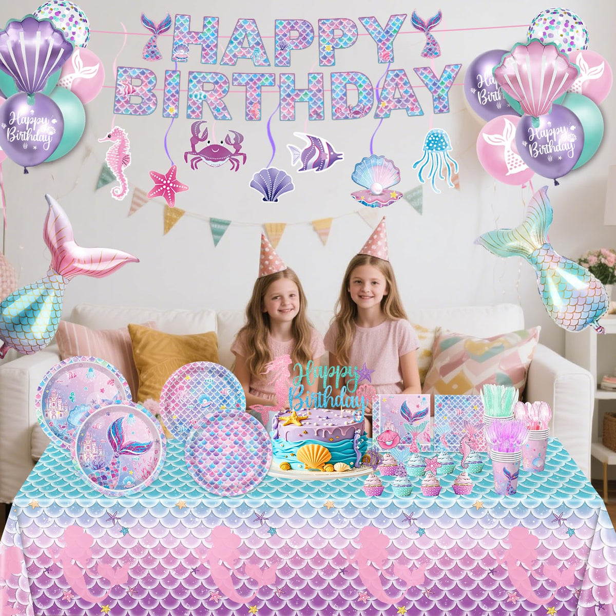 Mermaid Birthday Decorations Include Plates Napkins Cups - NKPDAXM Official Imagery - 5