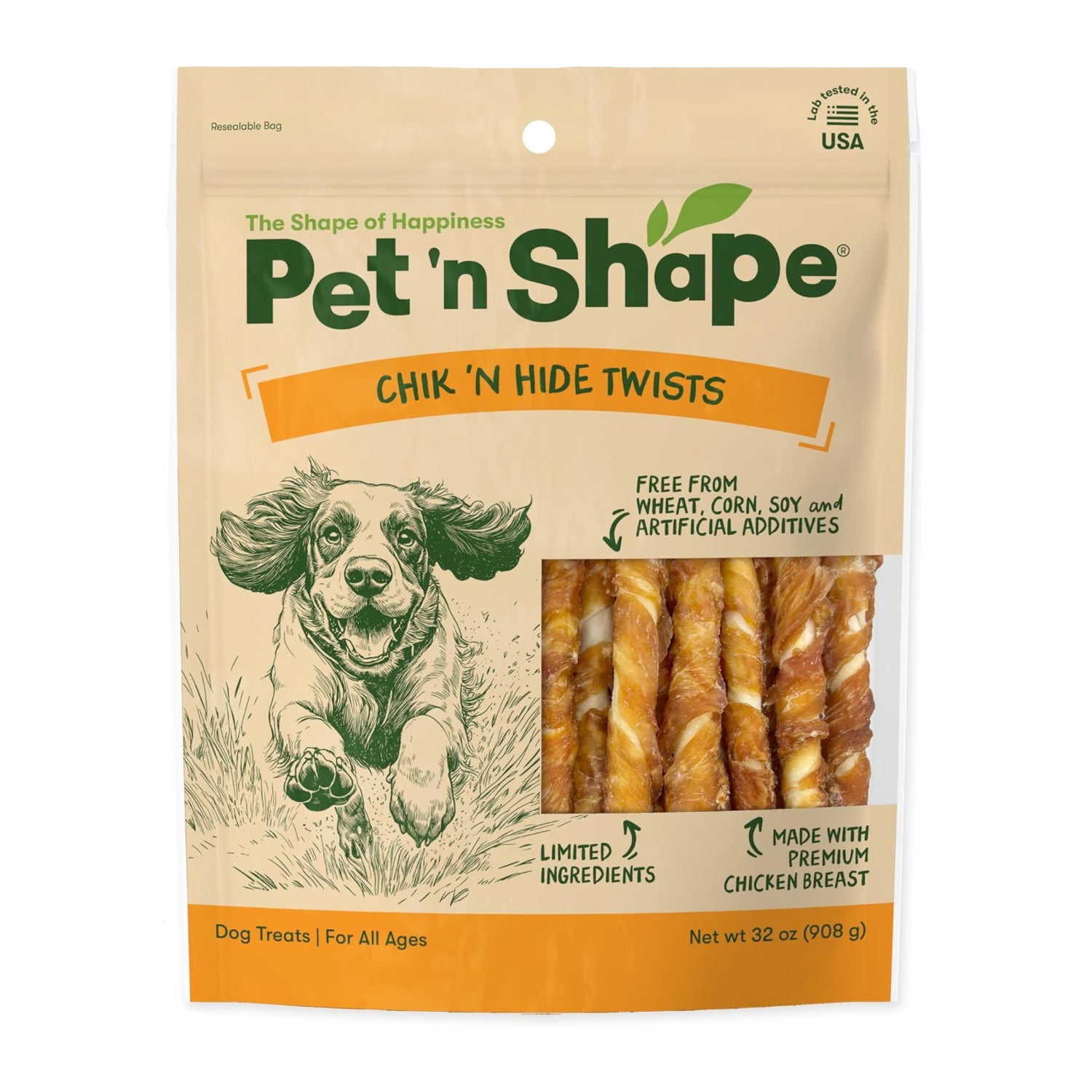 Pet 'n Shape Chicken Wrapped Rawhide Dog Treats showing twisted rawhide treats wrapped in chicken for dogs.