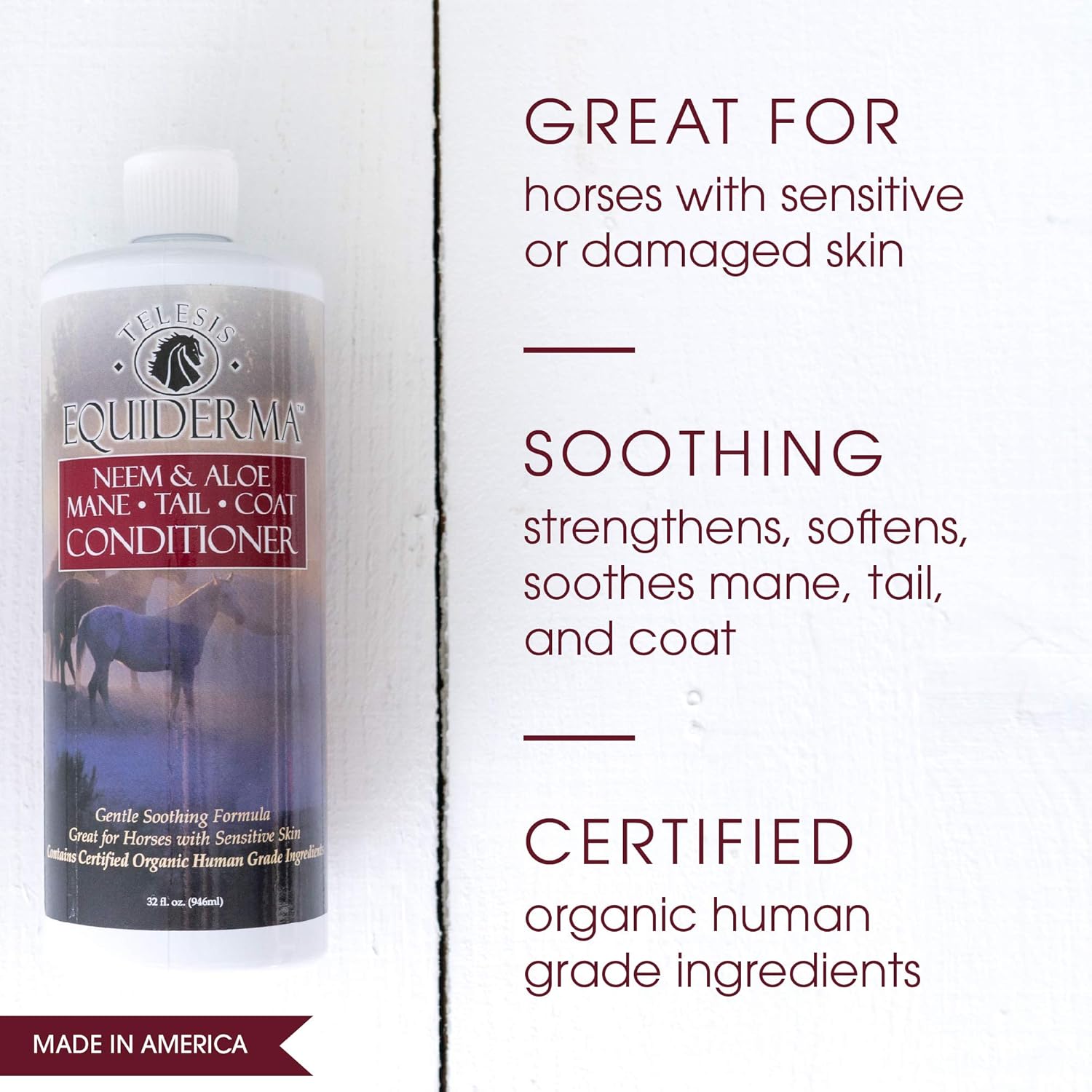 Equiderma Neem Coat Conditioner for horses in 32 oz bottle, featuring neem and castor oil for soft, shiny horse coats.