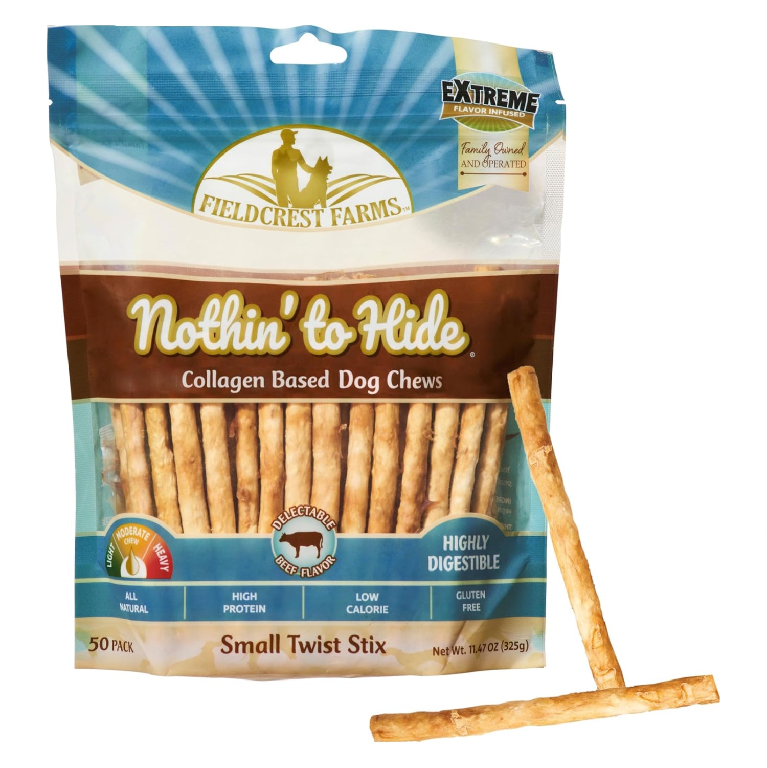 Fieldcrest Farms Nothin' to Hide Twist Stix beef flavor dog treats, easily digestible, designed for canine chewing and dental health.
