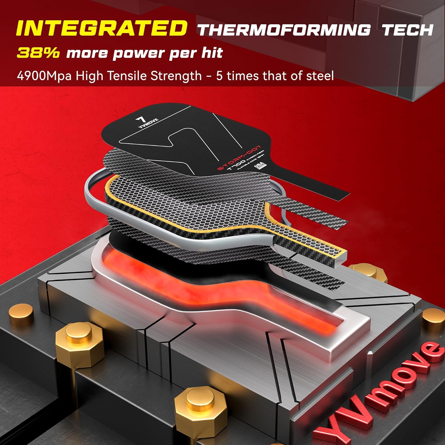 YVMOVE pickleball paddle with T700 raw carbon fiber surface and 16mm STR-Core for powerful play