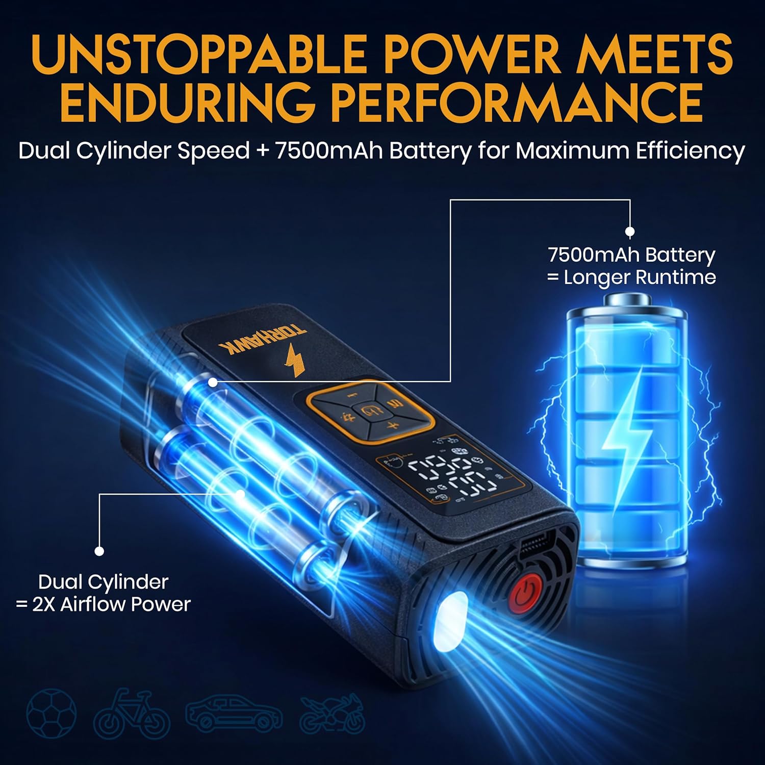 TORHAWK dual cylinder portable air compressor with digital pressure gauge and dual power, inflating tires up to 160 PSI.