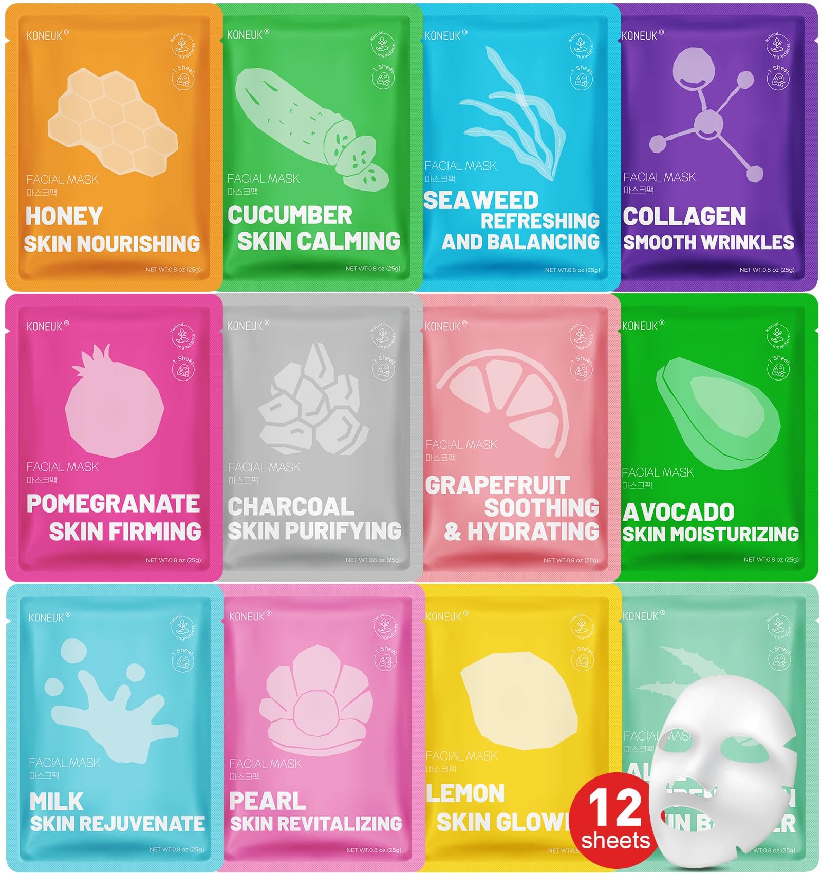 12 Pack Collagen Hydrating Face Masks Skincare, Face Mask for - KONEUK