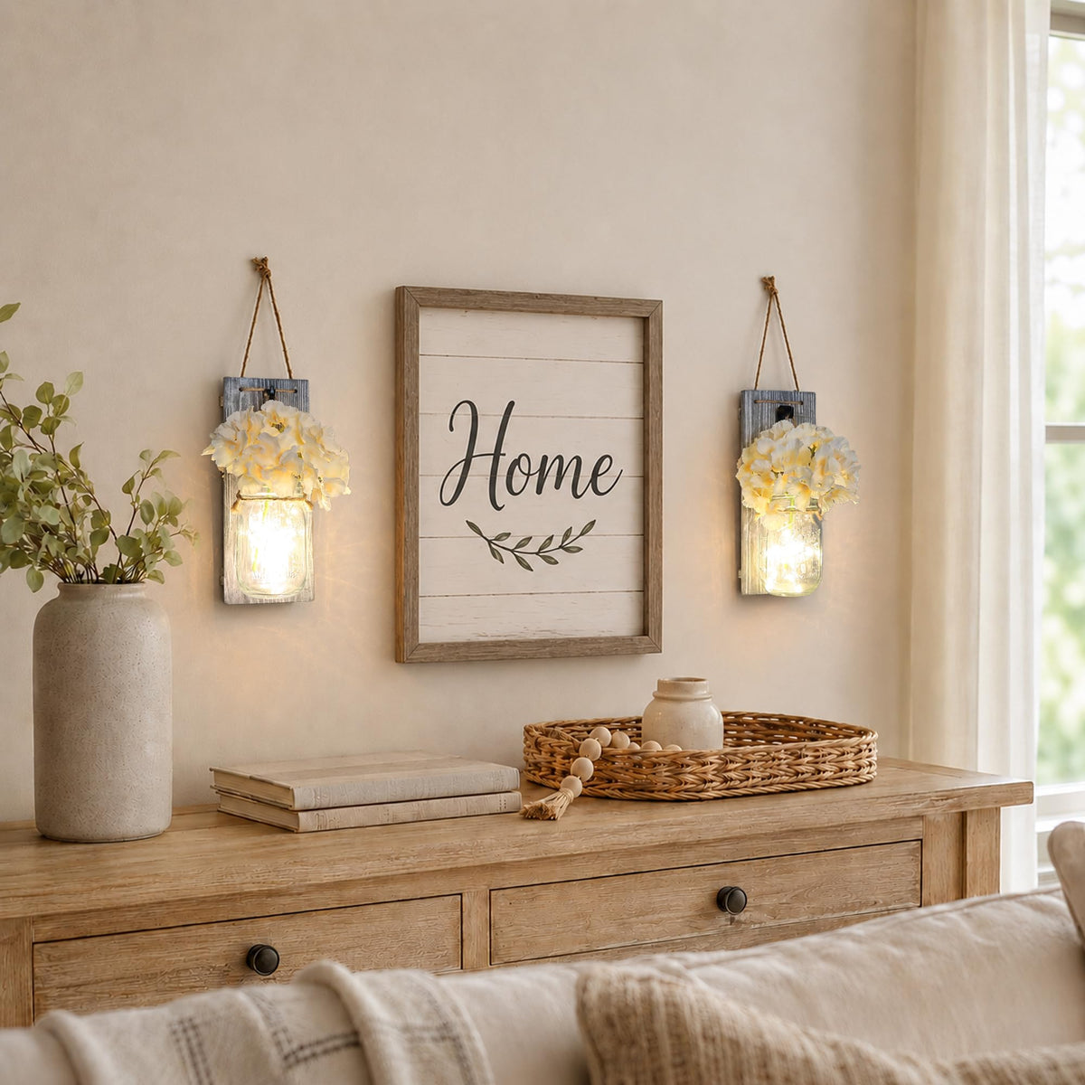 Rustic Mason Jar Sconces Wall Decor Grey Set of 2 - Besuerte Official Imagery - 7