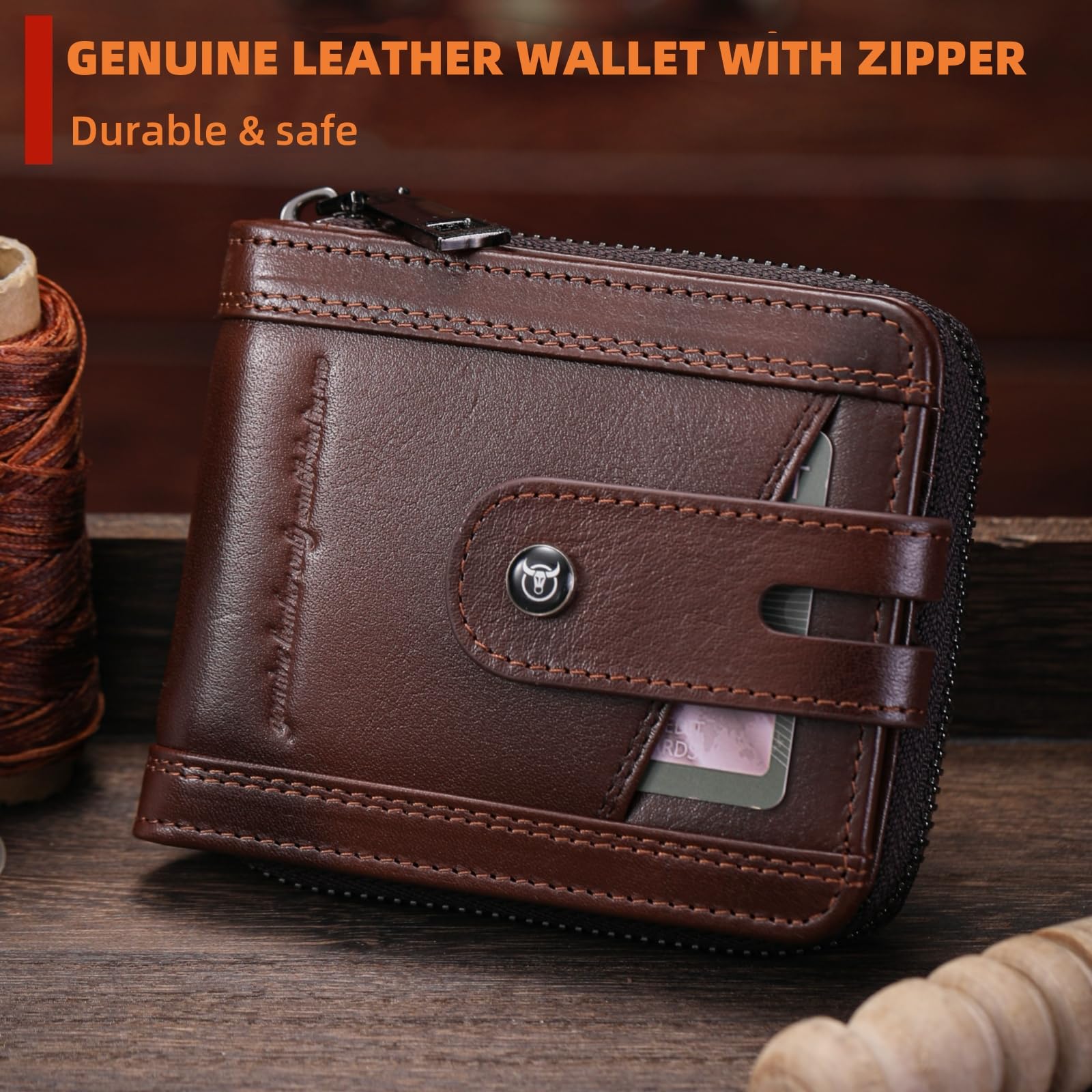 BULLCAPTAIN Leather Zipper Wallet for Men – RFID Blocking