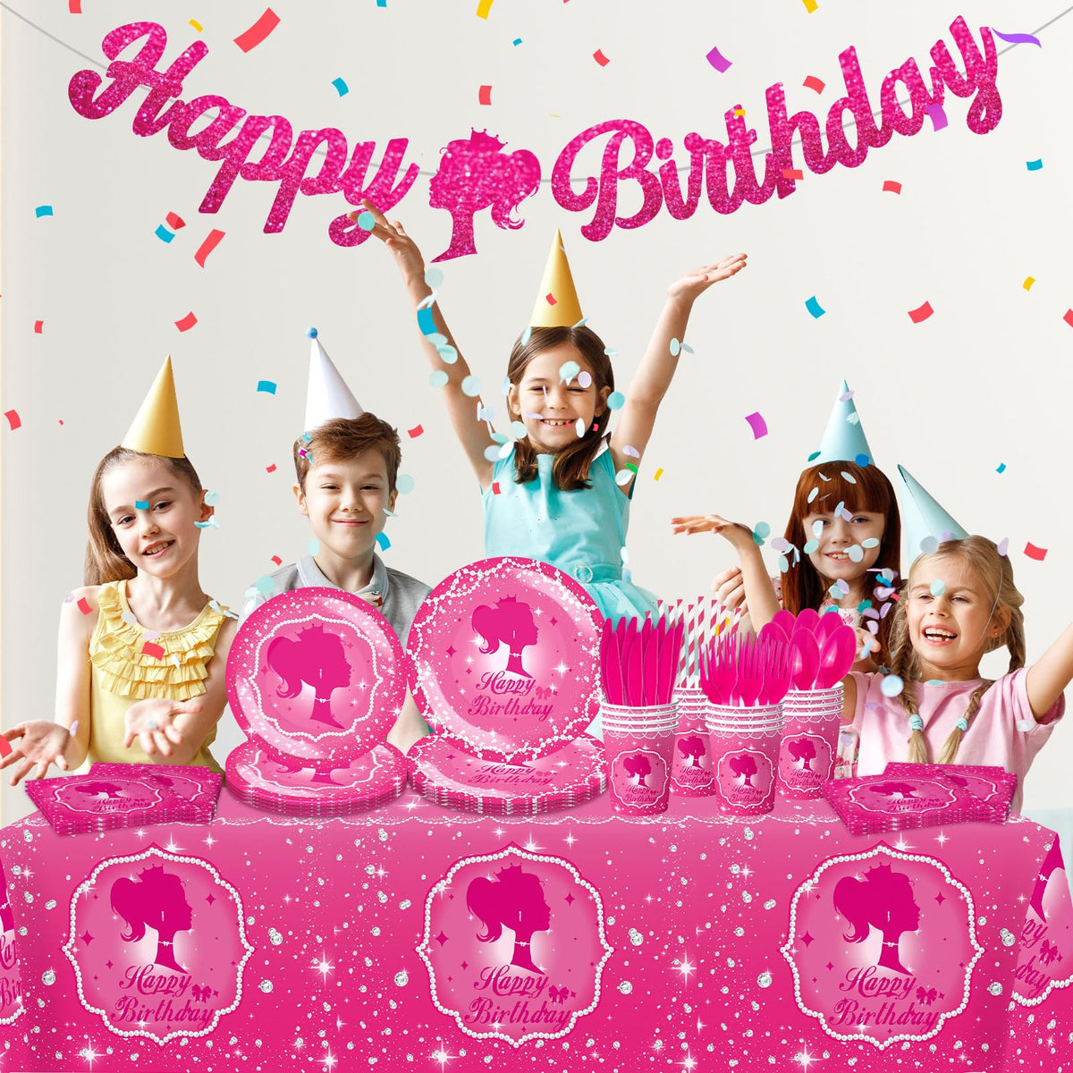 162 Piece Hot Pink Birthday Tableware Set for 20 Guests - JOLJUMP Official Imagery - 7