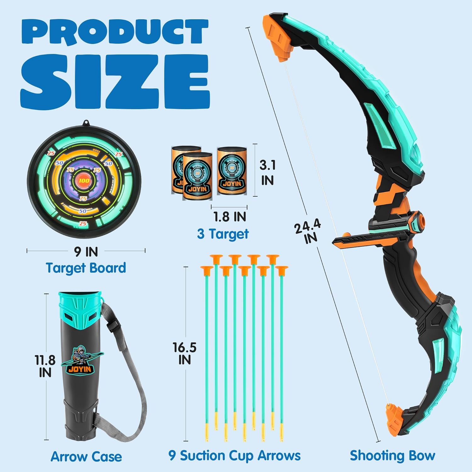 JOYIN kids bow and arrow set with LED lights, includes bow, 9 suction cup arrows for safe indoor archery play
