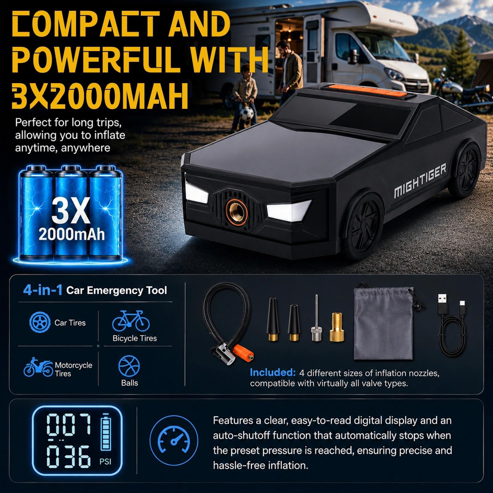 Mightiger Tire Inflator Car-Shaped Air Pump with Bluetooth Gifts by Mightiger - Angle View 6