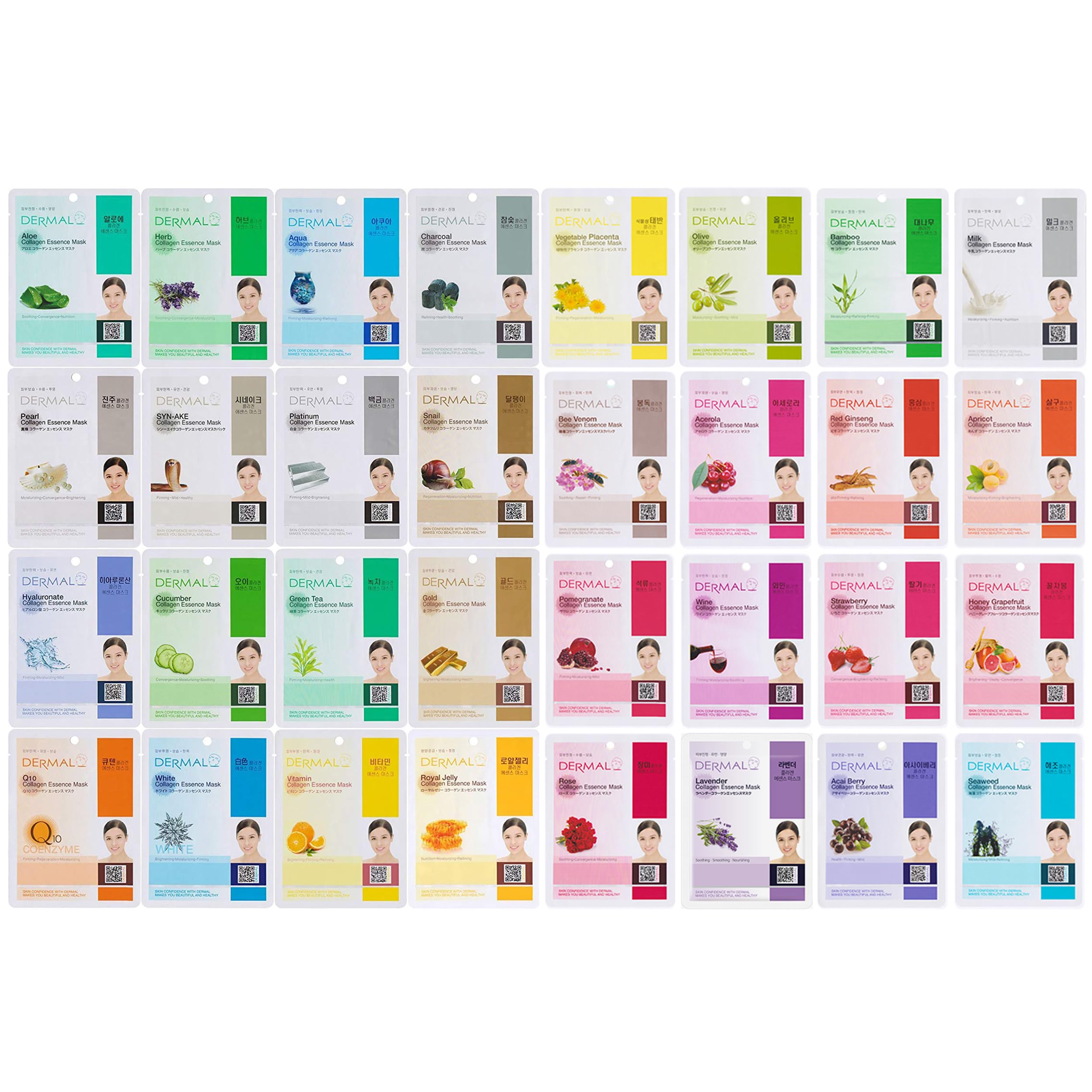 DERMAL 16 Collagen Korean Essence Sheet Mask Variety Pack, Aloe - DERMAL