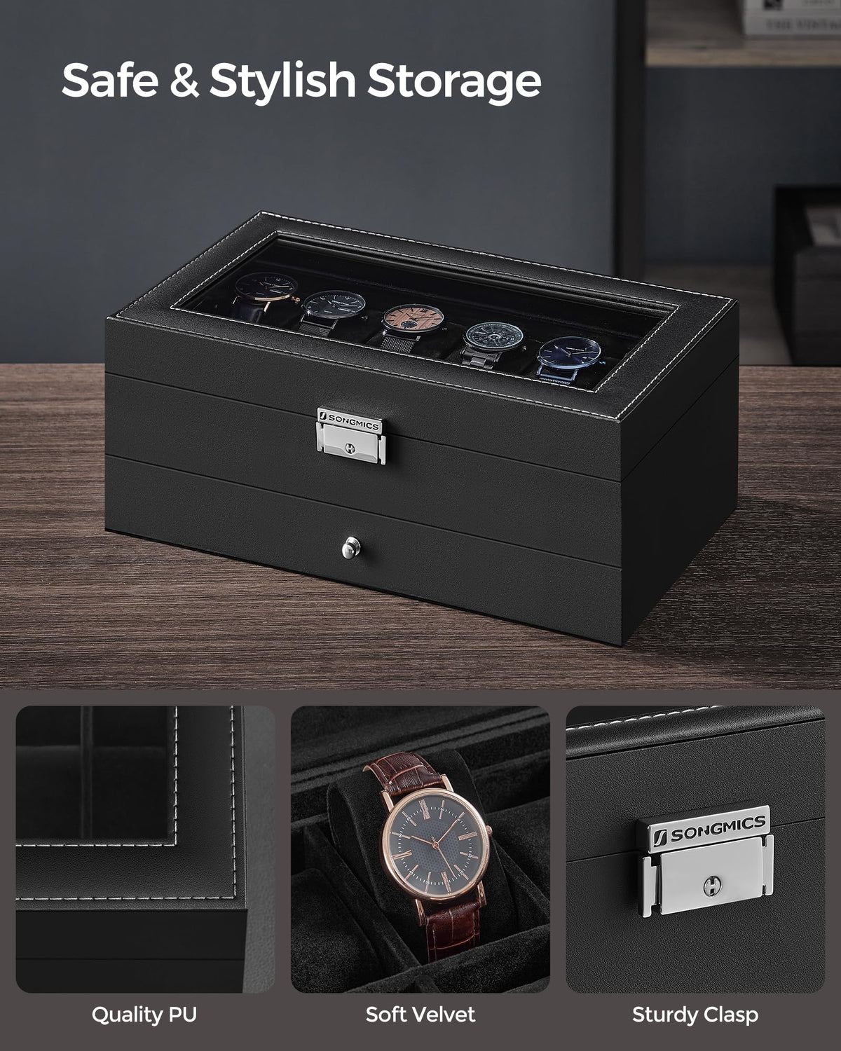 SONGMICS 12 Slot Watch Box Lockable with Glass Lid 2 Layers - SONGMICS Official Imagery - 5
