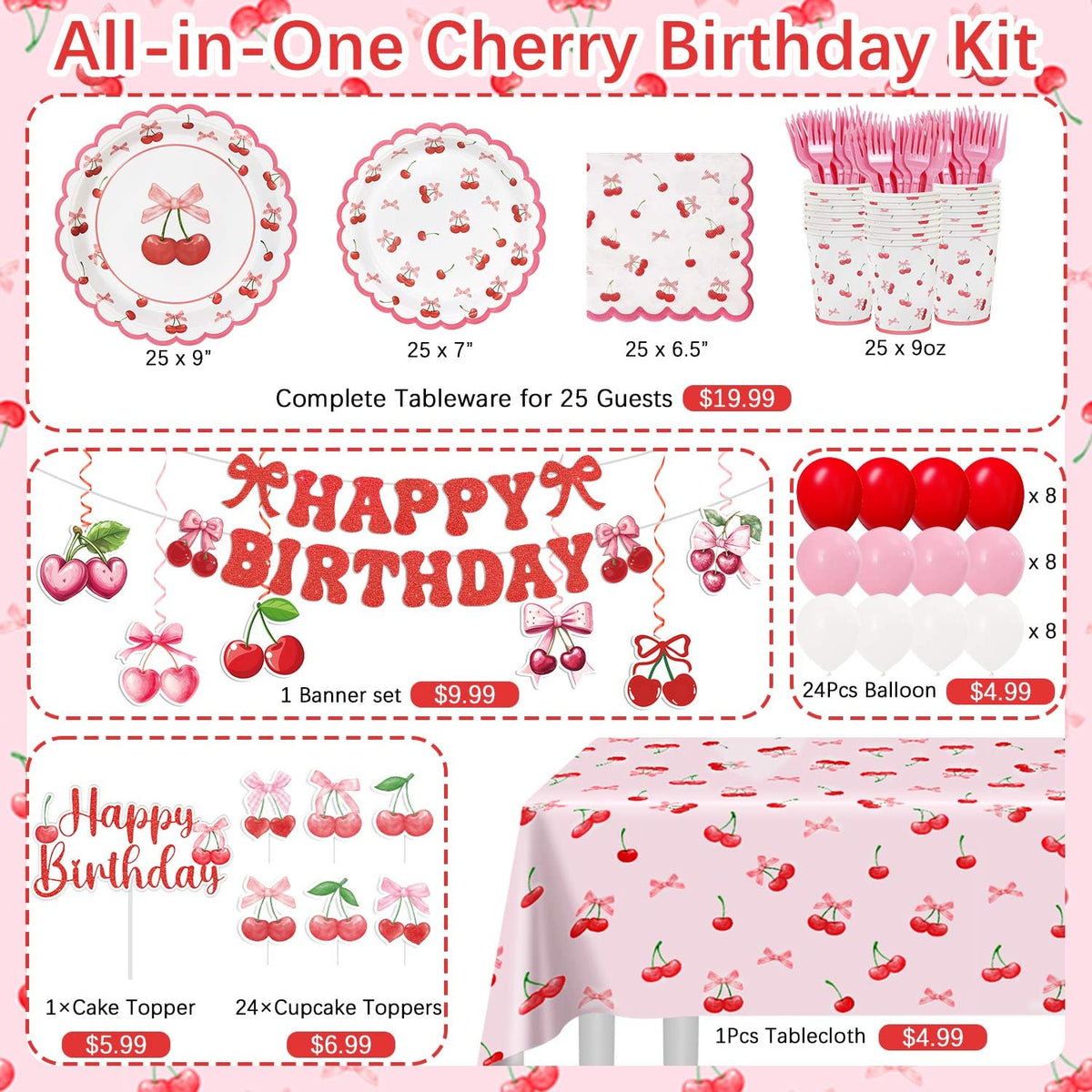 Cherry Birthday Decorations 182Pcs Cherry Plates Napkins - Caisehabu Official Imagery - 6