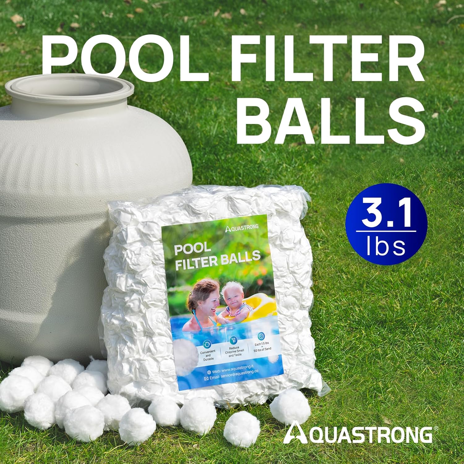 AQUASTRONG reusable pool filter balls for sand filters, 3.1 lbs, white spherical filter media for clean pool water