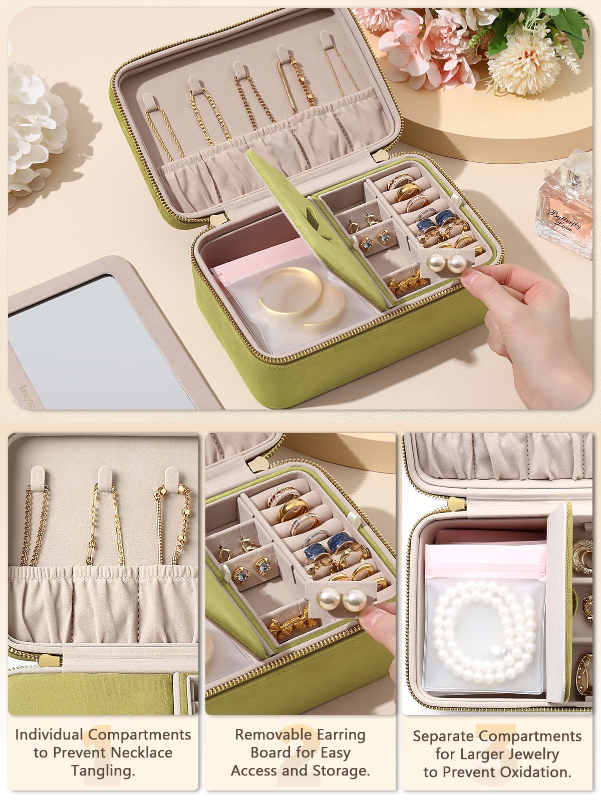 Velvet Travel Jewelry Organizer Case with Large Mirror for - Lumayina Official Imagery - 4