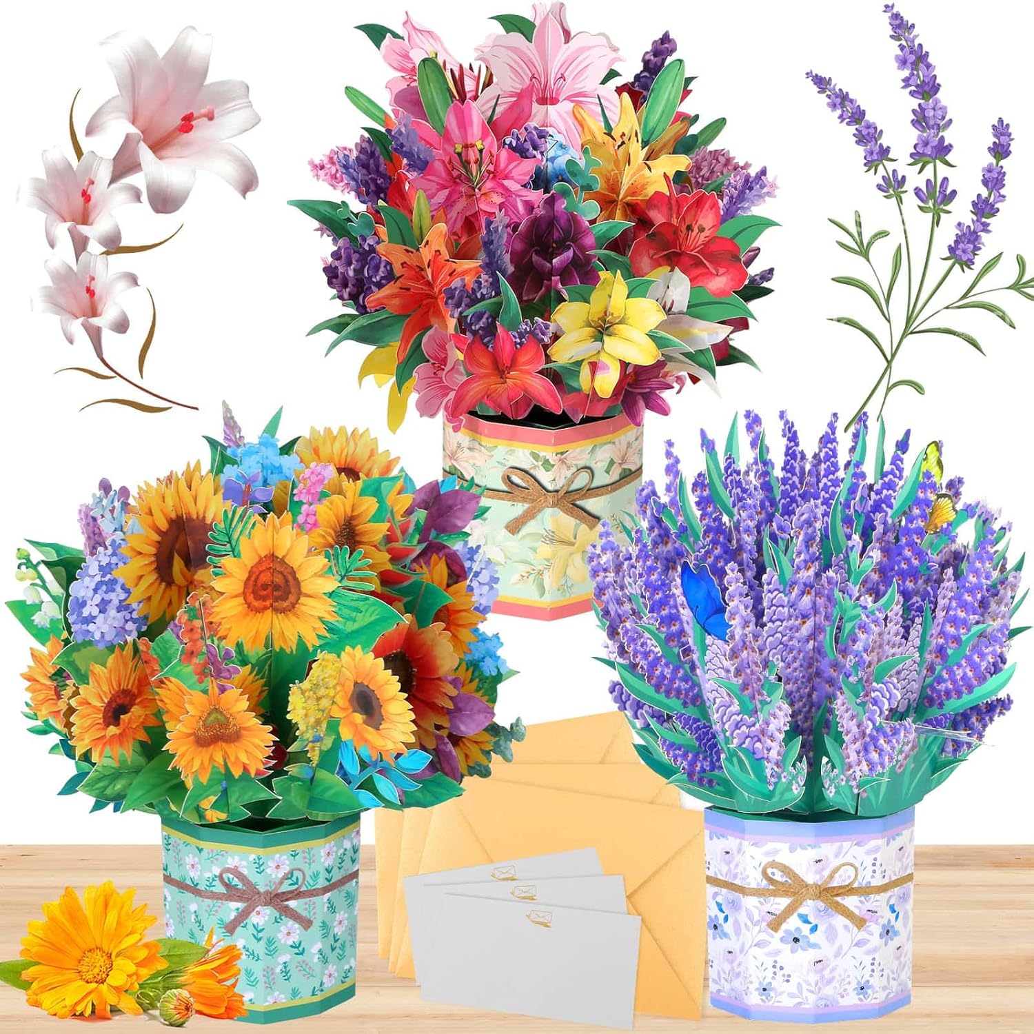 Three Caffox paper flower pop-up greeting cards with 3D flower bouquet designs, showcasing intricate floral pop-up art.