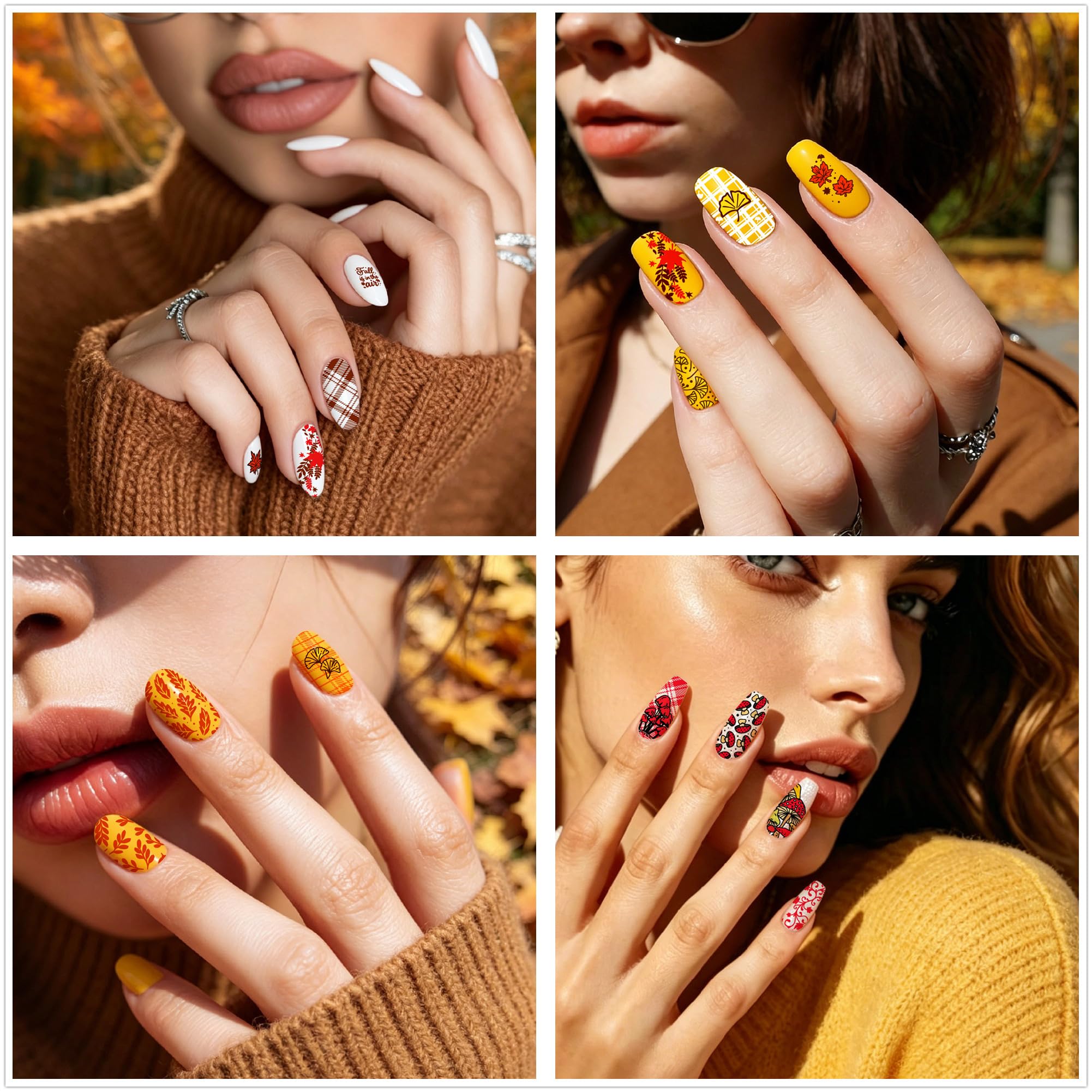 Arbuya Fall Nail Stamping Plates Set of 3 - Pumpkin, Mushroom, Maple, Ginkgo, Oak Leaves & Checkered Backgrounds for Autumn Nail Art for DIY Nail Art Manicure Salon Supply
