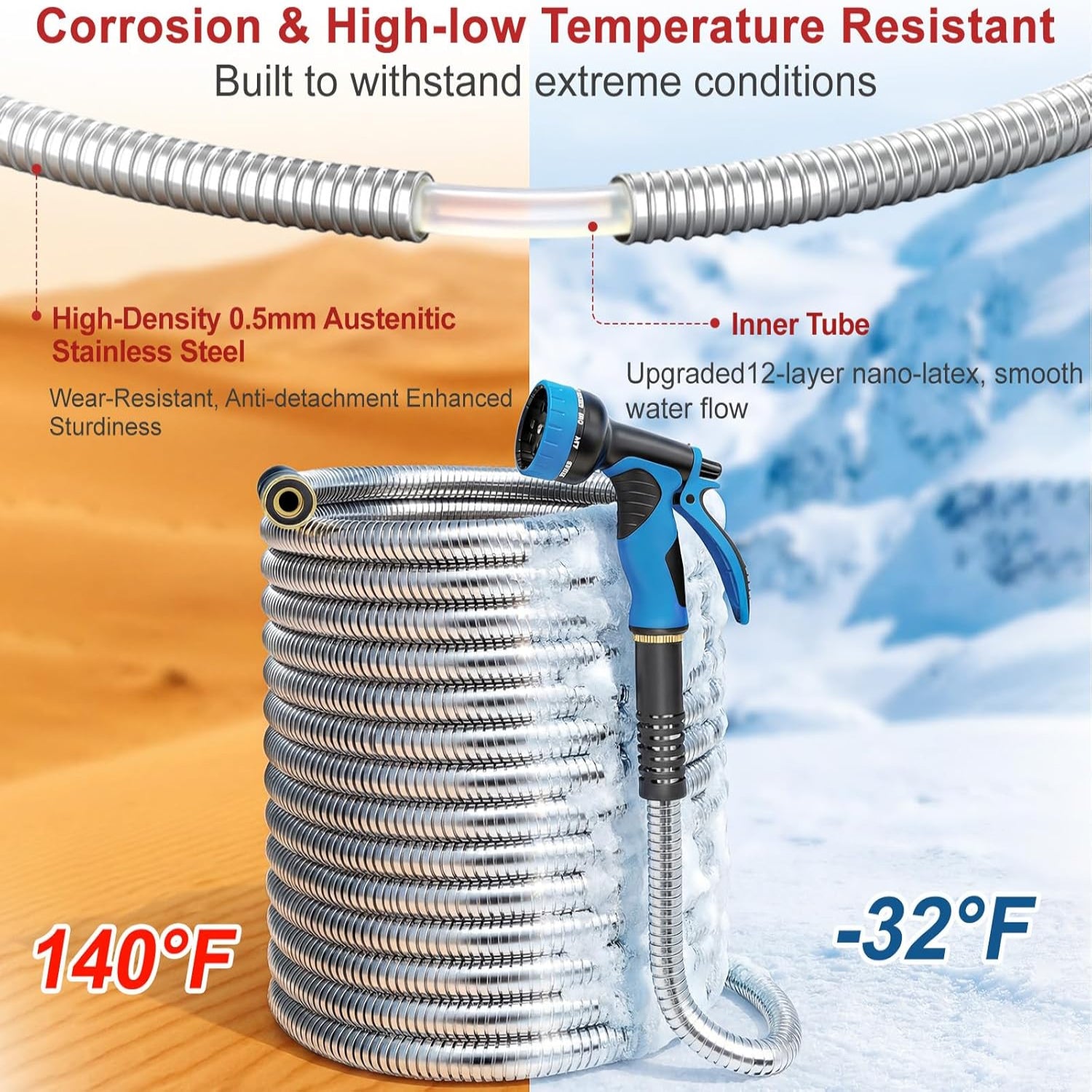 Lefree 100ft heavy-duty stainless steel garden hose with flexible metal construction and brass fittings for outdoor watering.